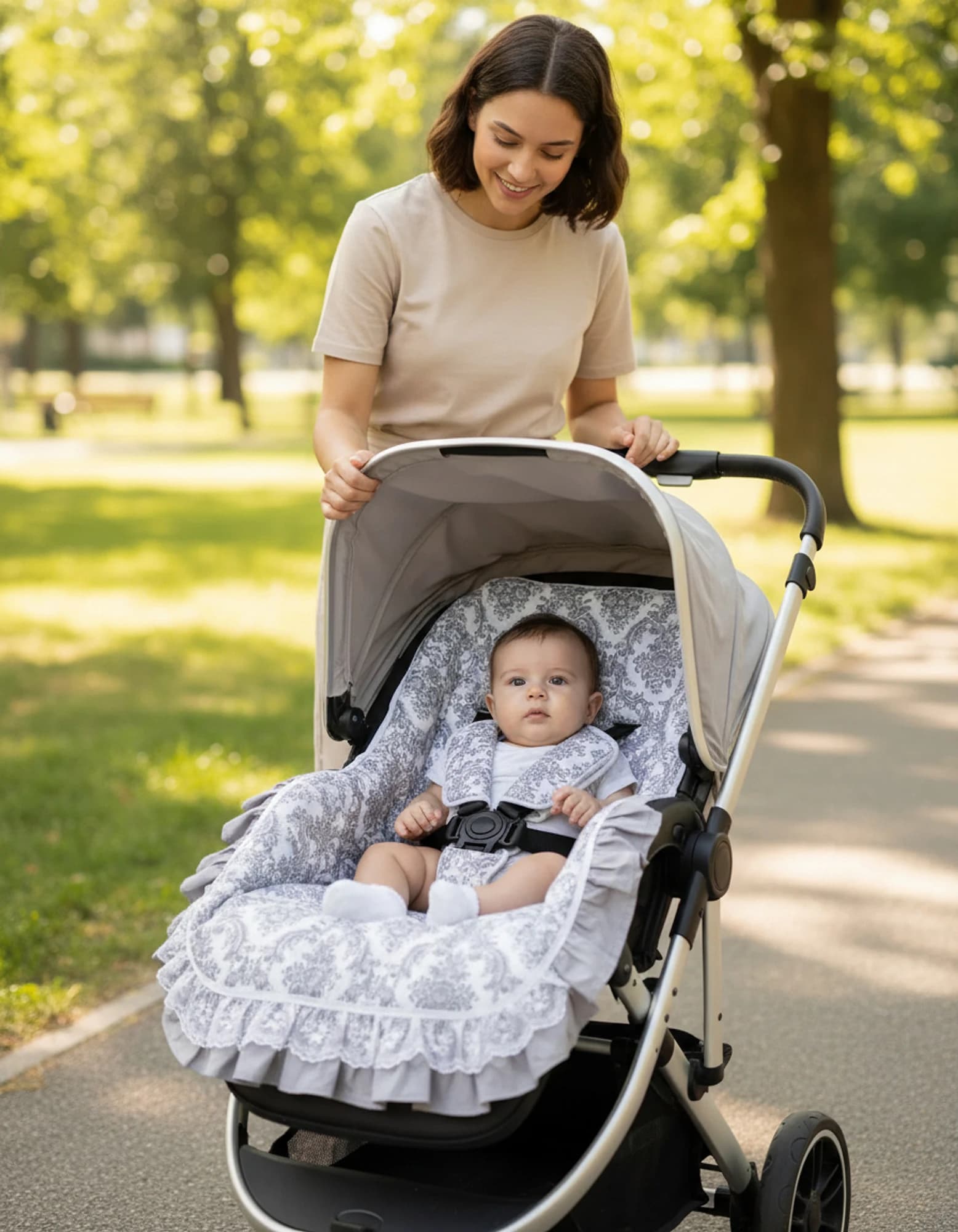 3lu Puset Ortusu - Puset Minderi - Puset Carsafi Model %100 Pamuk Cift Katli Firfirli Gri Elegant BabyNest görsel 2