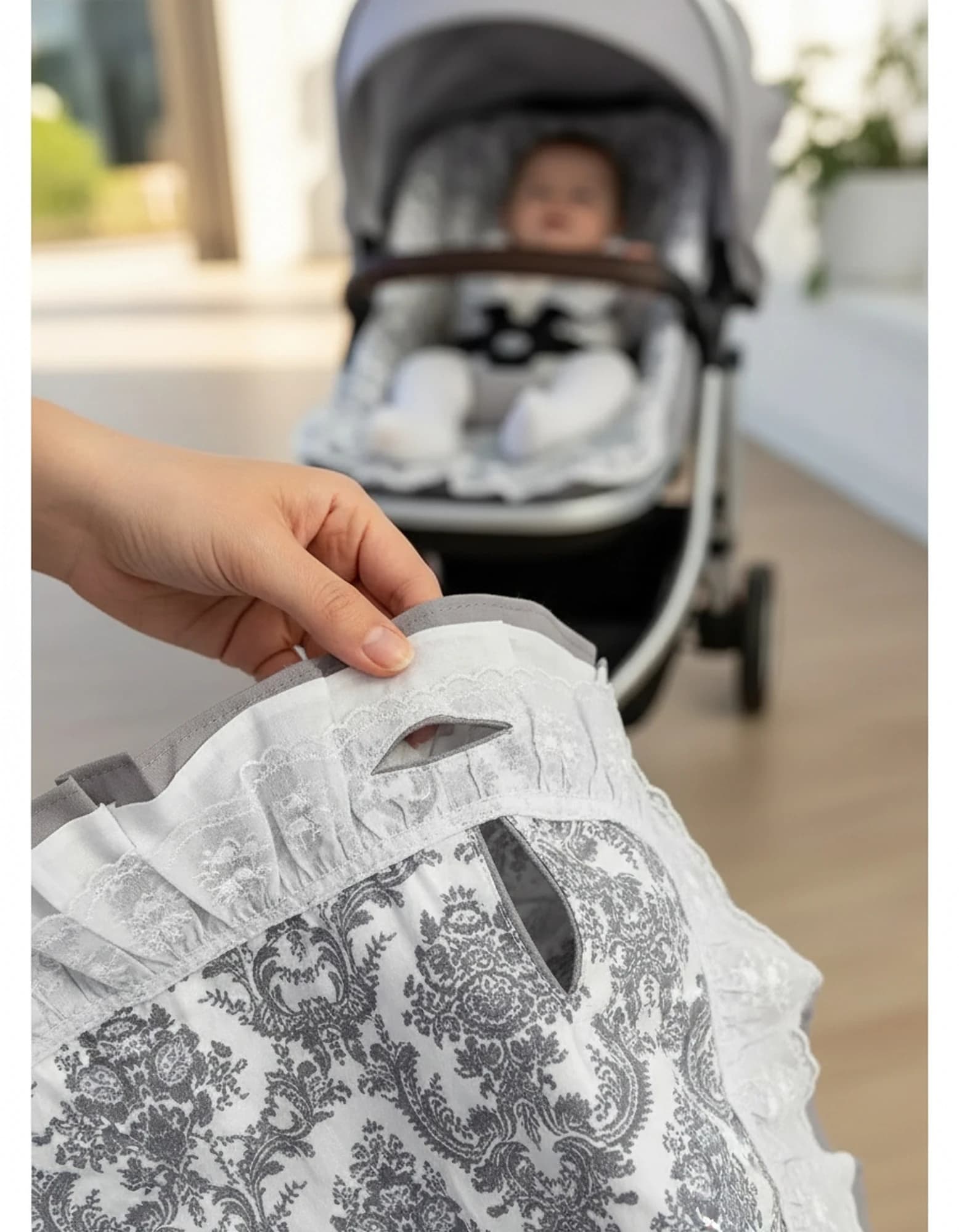 3lu Puset Ortusu - Puset Minderi - Puset Carsafi Model %100 Pamuk Cift Katli Firfirli Gri Elegant BabyNest görsel 4