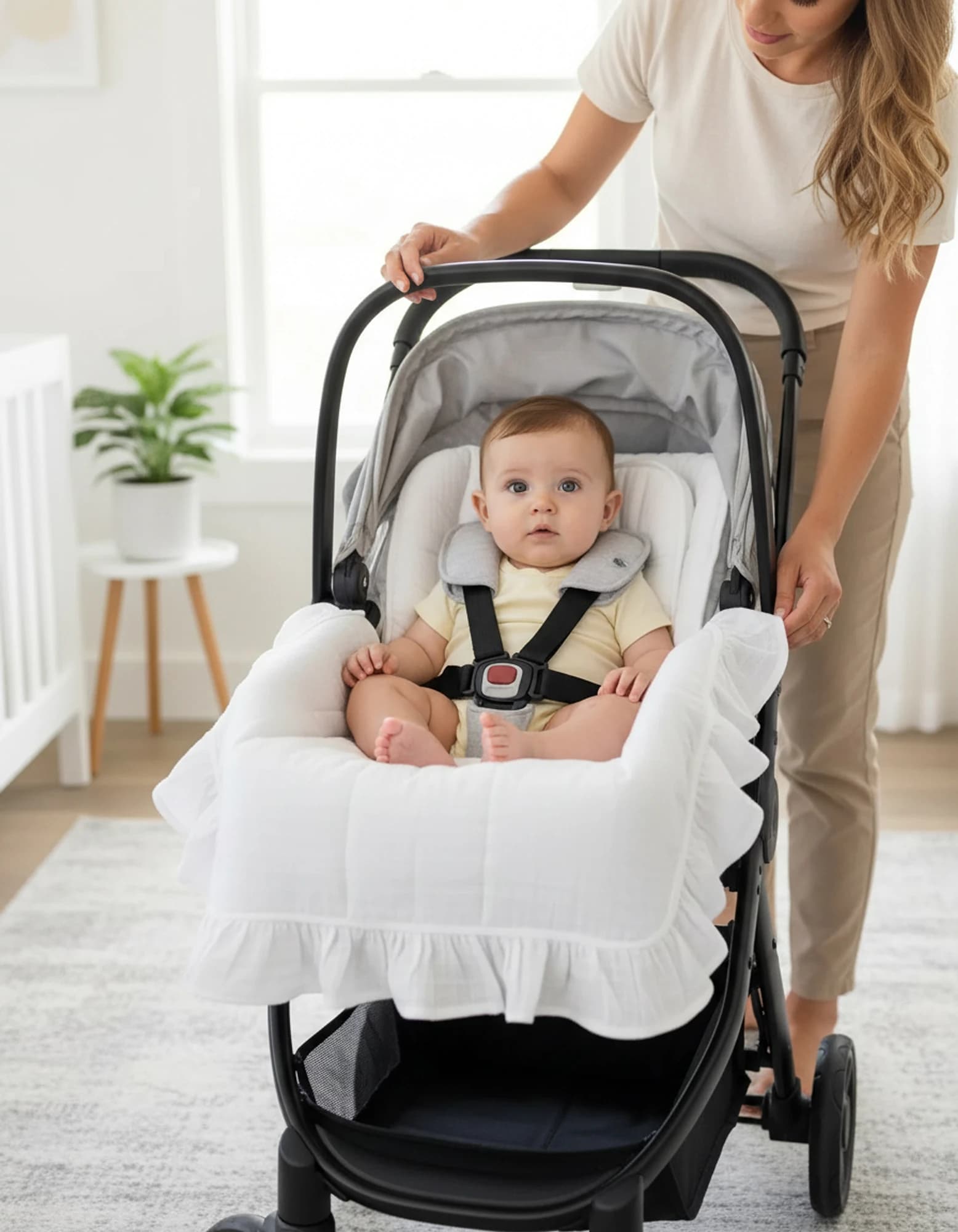 3lu Puset Ortusu/bebek Araba Ortusu - Puset Minderi - Puset Carsafi Beyaz Muslin Firfirli BabyNest görsel 2