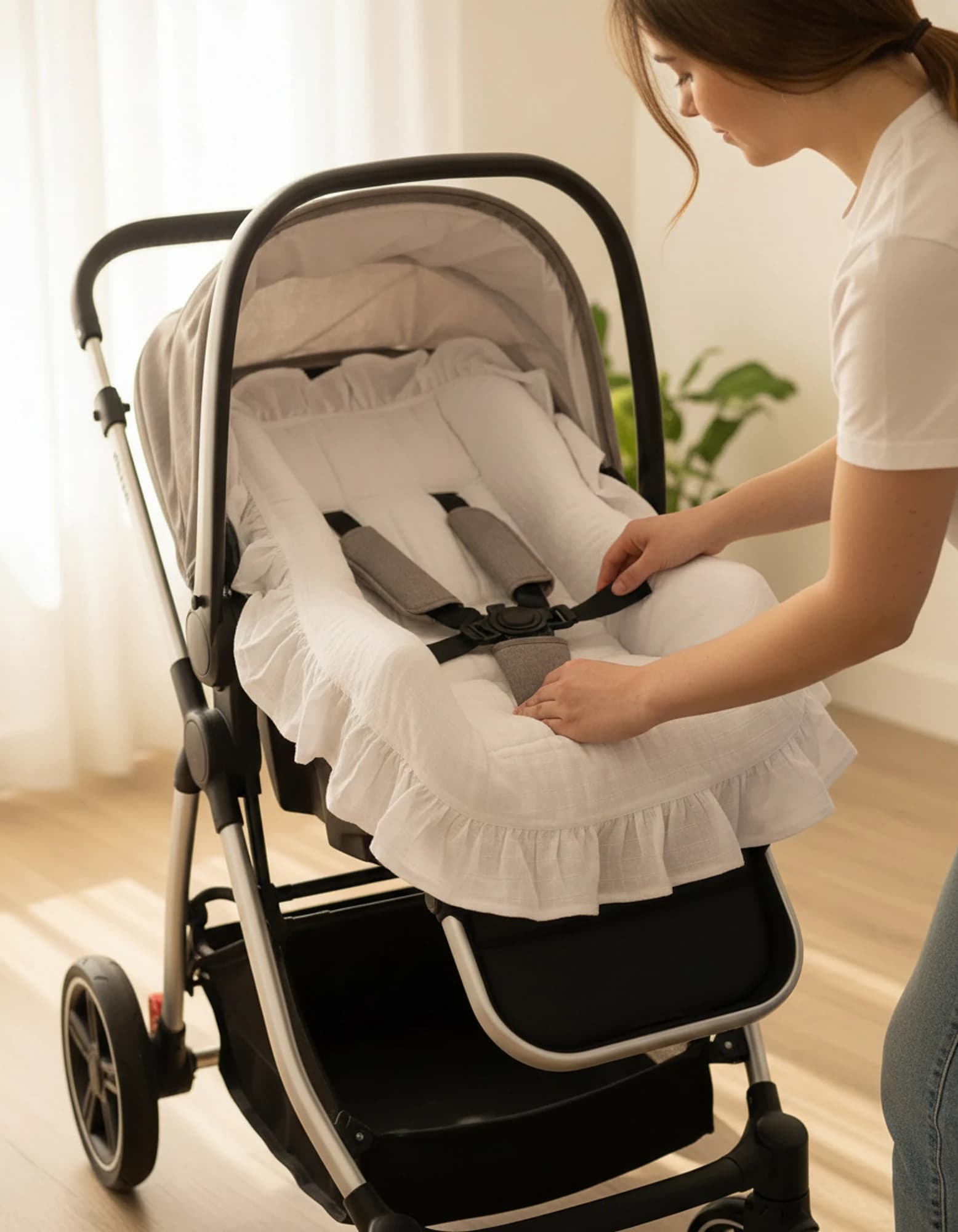 3lu Puset Ortusu/bebek Araba Ortusu - Puset Minderi - Puset Carsafi Beyaz Muslin Firfirli BabyNest görsel 5