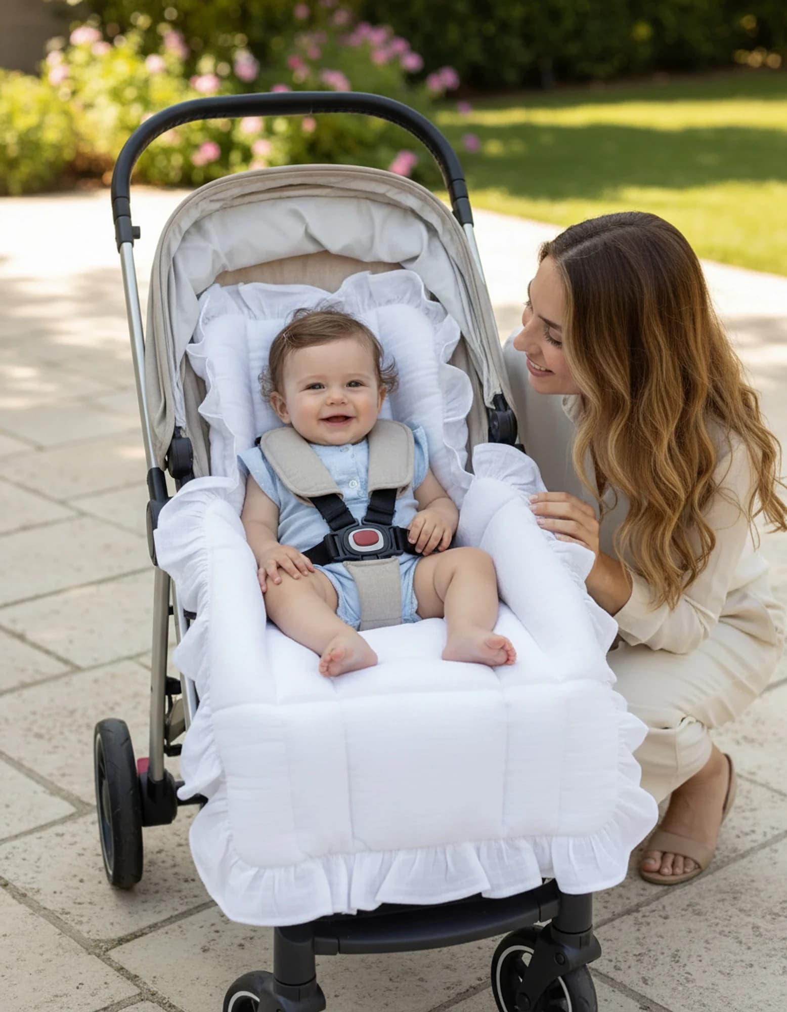 3lu Puset Ortusu/bebek Araba Ortusu - Puset Minderi - Puset Carsafi Beyaz Muslin Firfirli BabyNest görsel 6