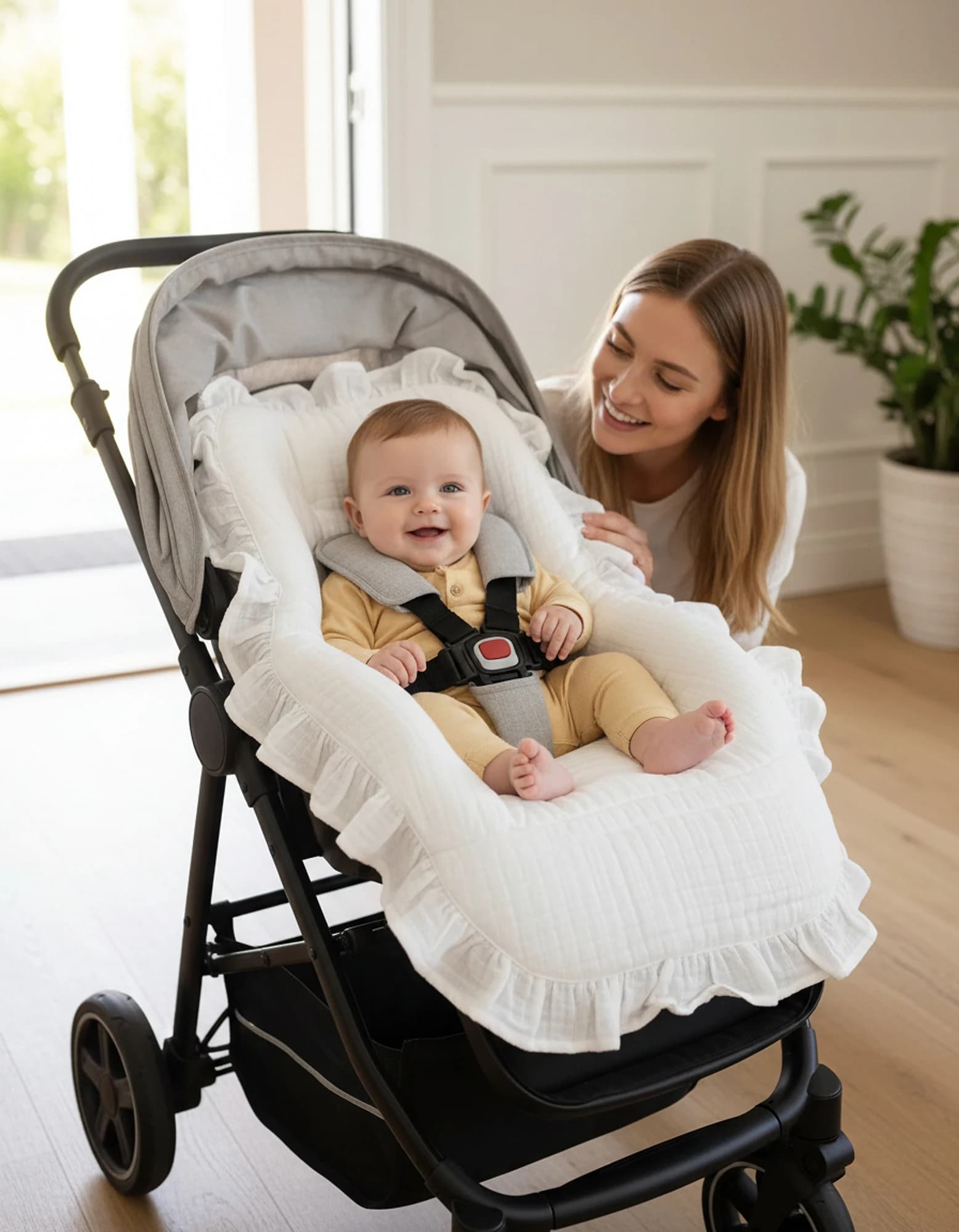 3lu Puset Ortusu/bebek Araba Ortusu - Puset Minderi - Puset Carsafi Beyaz Muslin Firfirli BabyNest görsel 10