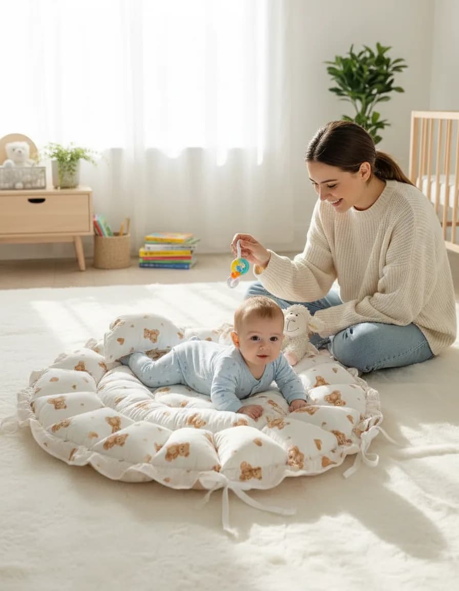 Ayıcıklı Yuvarlak Oyun Minderi ve Mini Yastık