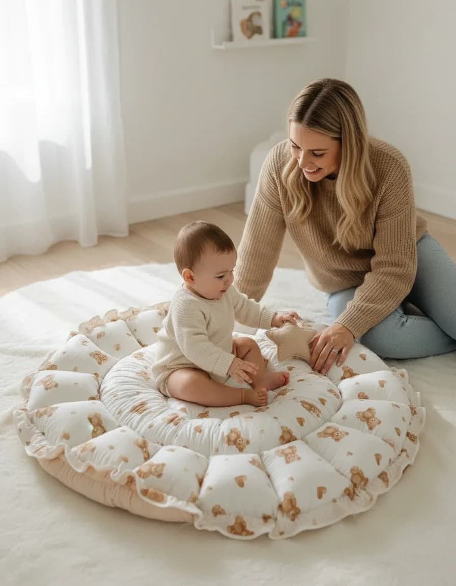 Ayıcıklı Yuvarlak Oyun Minderi ve Mini Yastık