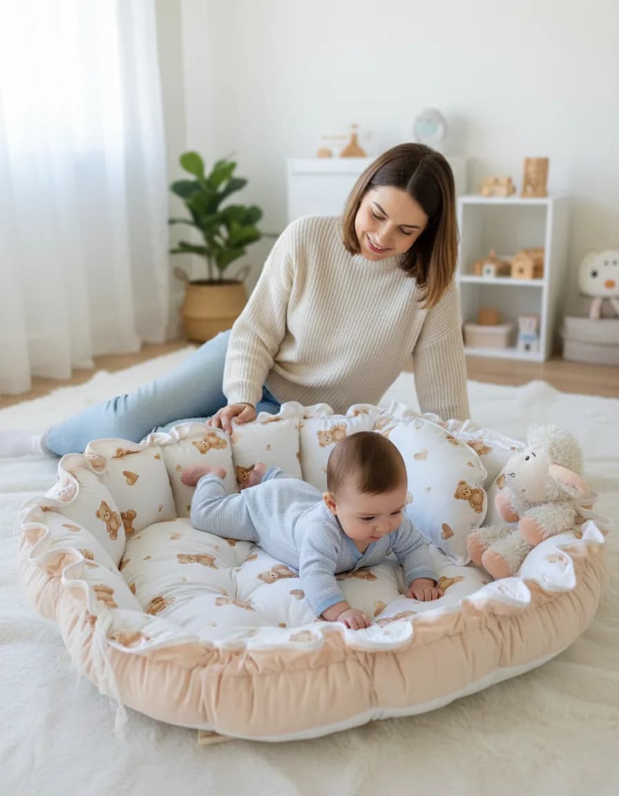 Ayıcıklı Yuvarlak Oyun Minderi ve Mini Yastık