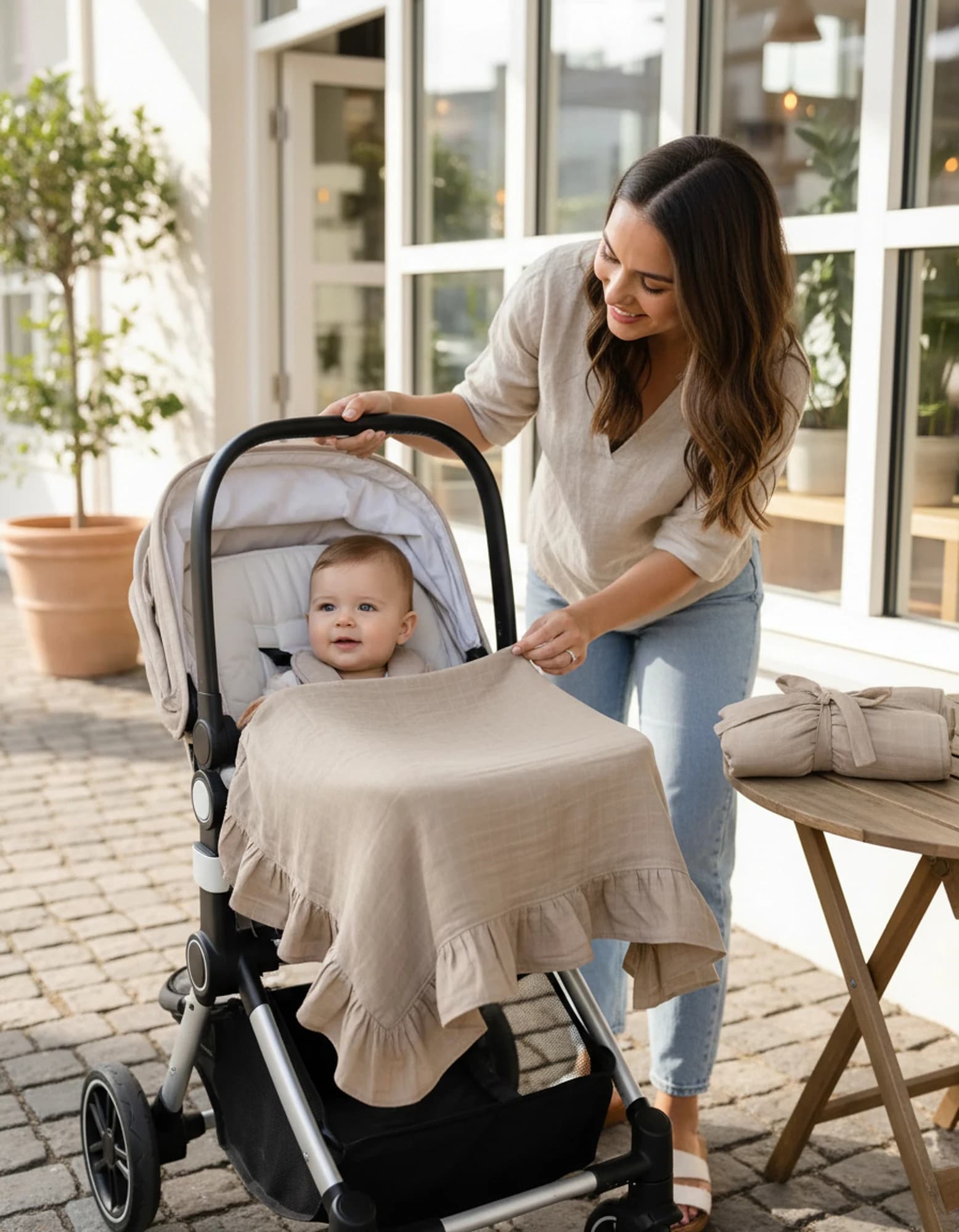 Puset Ortusu/Bebek Arabasi Ortusu %100 Pamuk Muslin Bej Firfirli BabyNest görsel 5