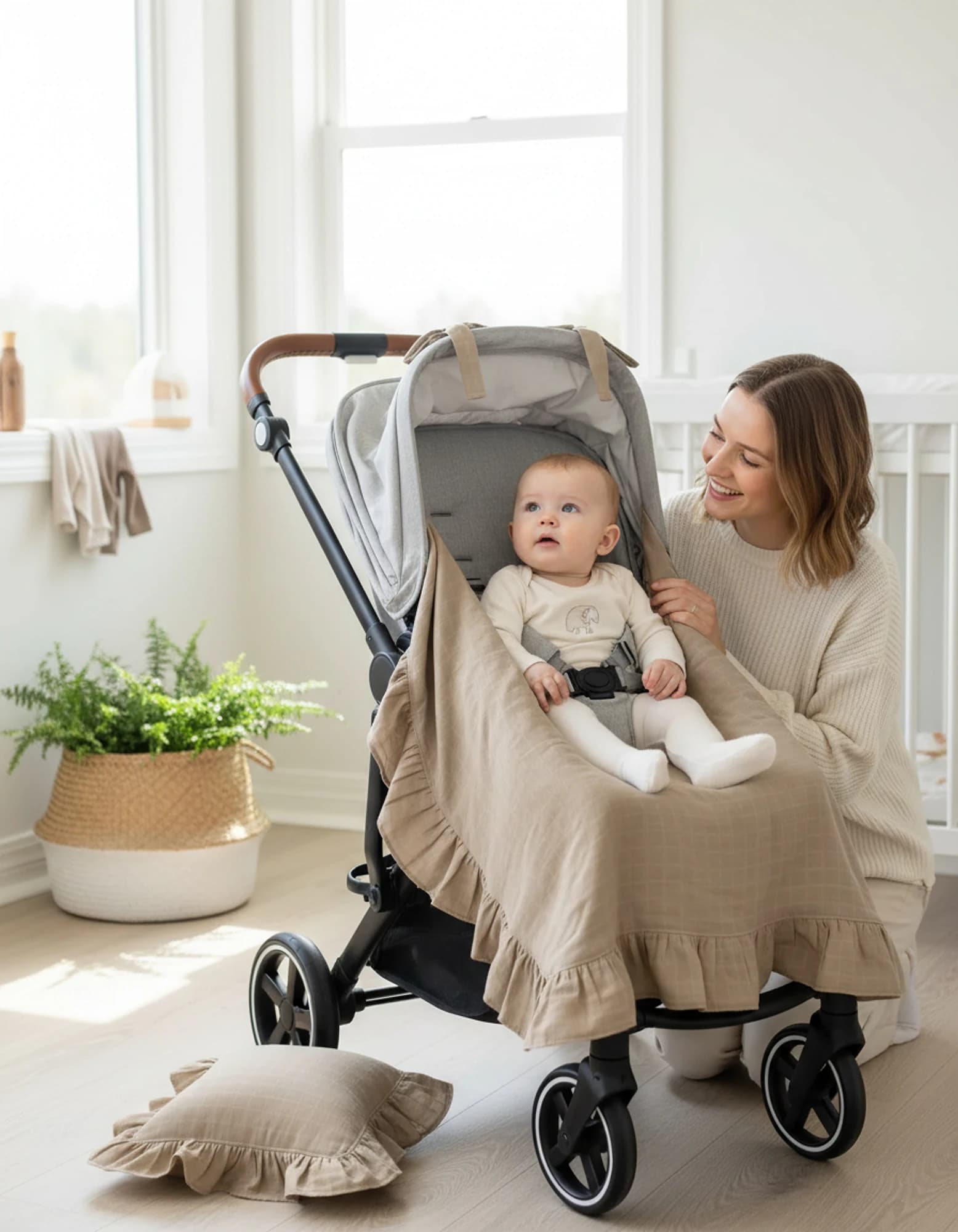 Puset Ortusu/Bebek Arabasi Ortusu %100 Pamuk Muslin Bej Firfirli BabyNest görsel 10