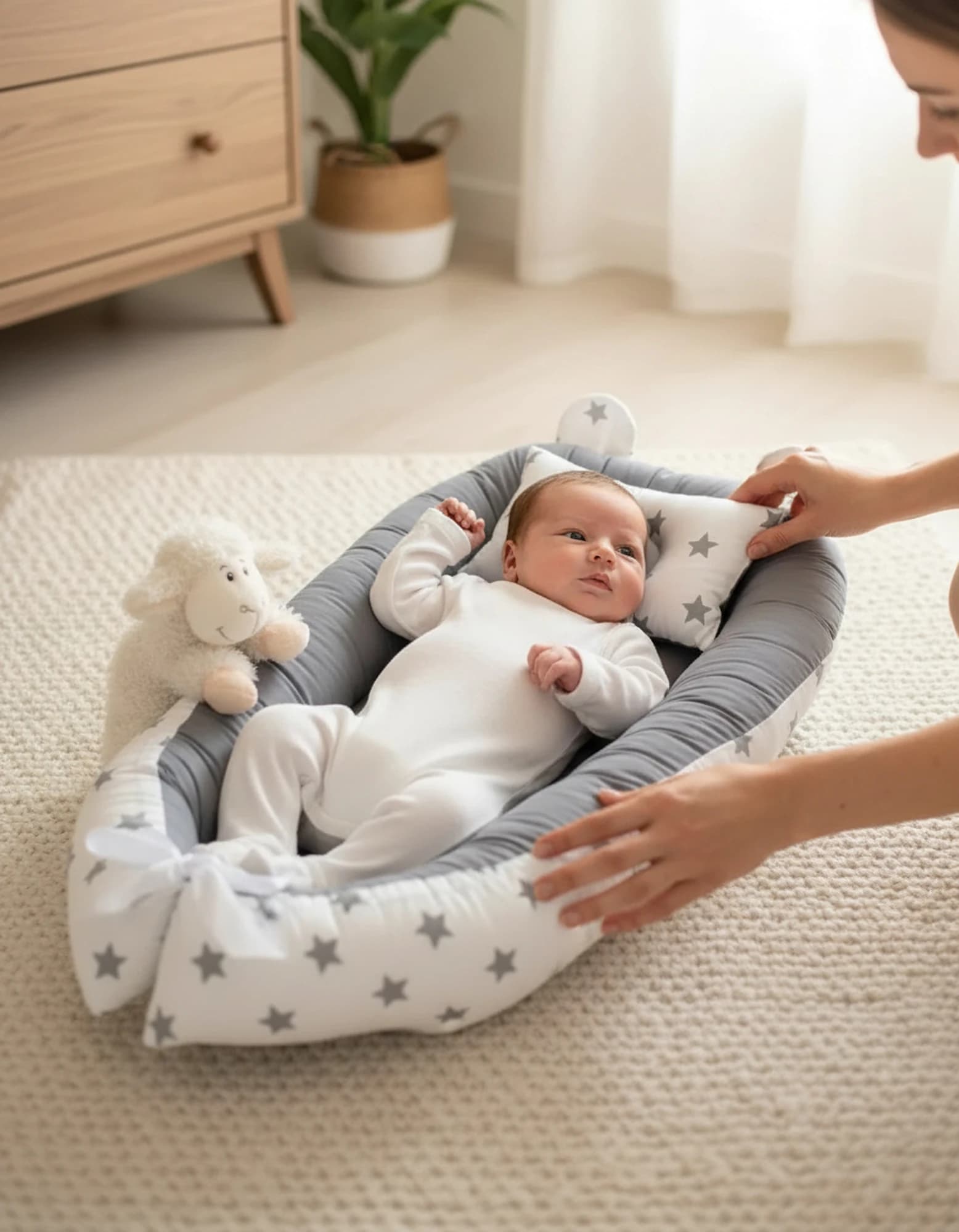 Bebek Yatak Ve Ortopedik Yastik Gri zemin ve gri yıldızlı BabyNest görsel 4