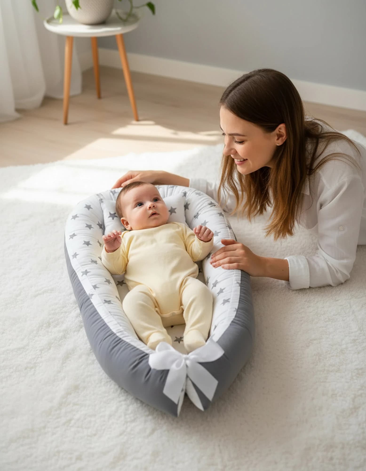 Bebek Yatak Ve Ortopedik Yastik Gri zemin ve gri yıldızlı BabyNest görsel 5