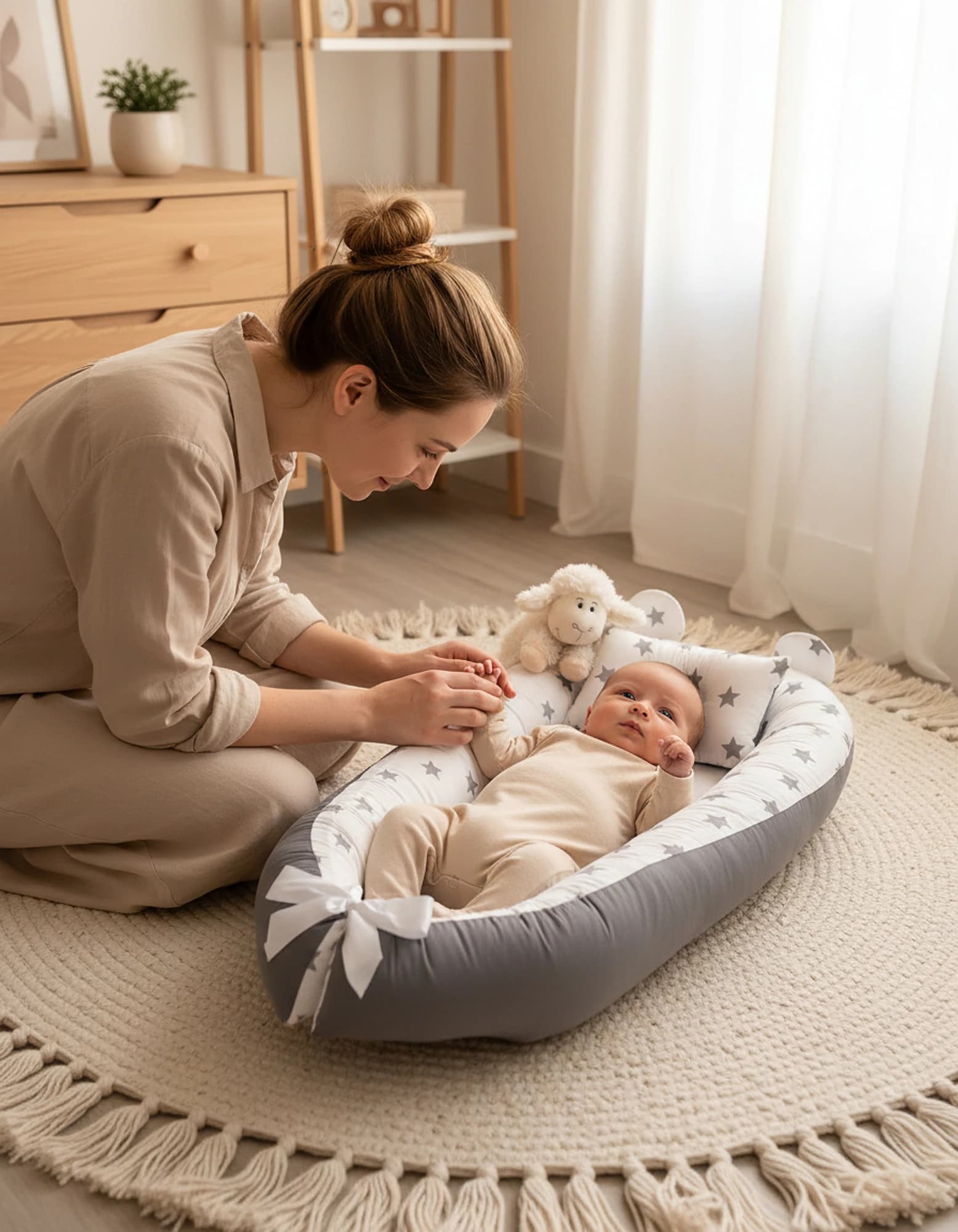 Bebek Yatak Ve Ortopedik Yastik Gri zemin ve gri yıldızlı BabyNest görsel 9