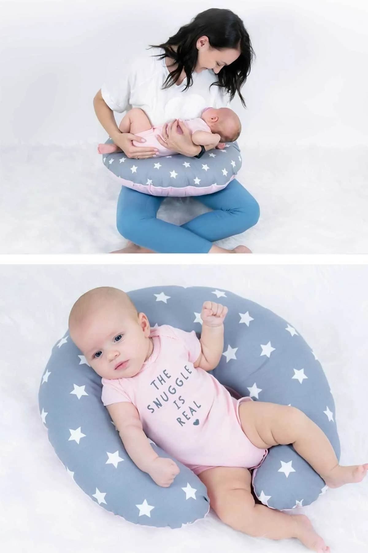 Emzirme Yastigi Ve Destek Minderi Pembe Ve Gri Yildiz (BEYAZ BIYELI) BabyNest