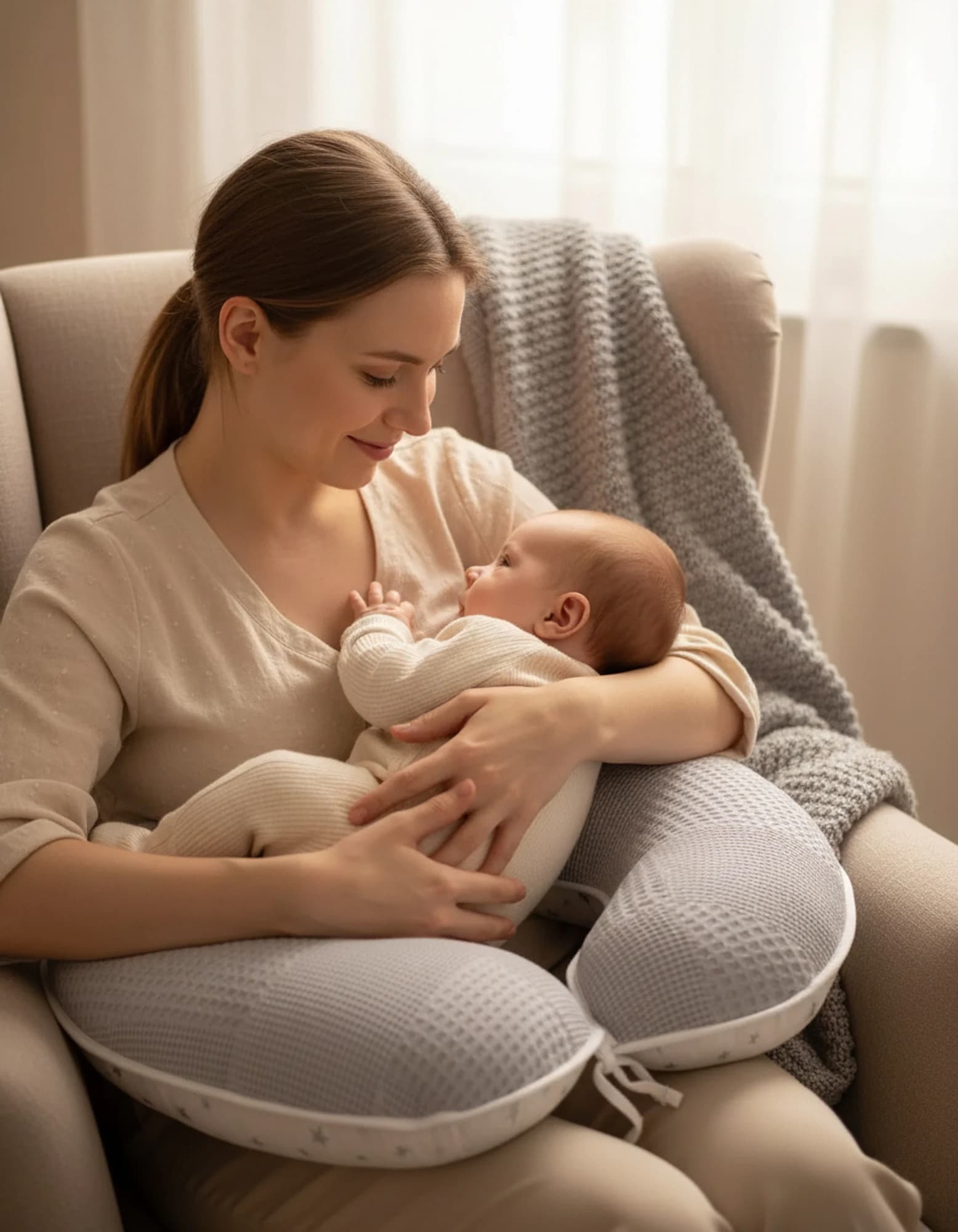 Emzirme Yastigi Ve Destek Minderi Gri Yildiz Ve Pikeli Model (BEYAZ BIYELI) BabyNest görsel 2