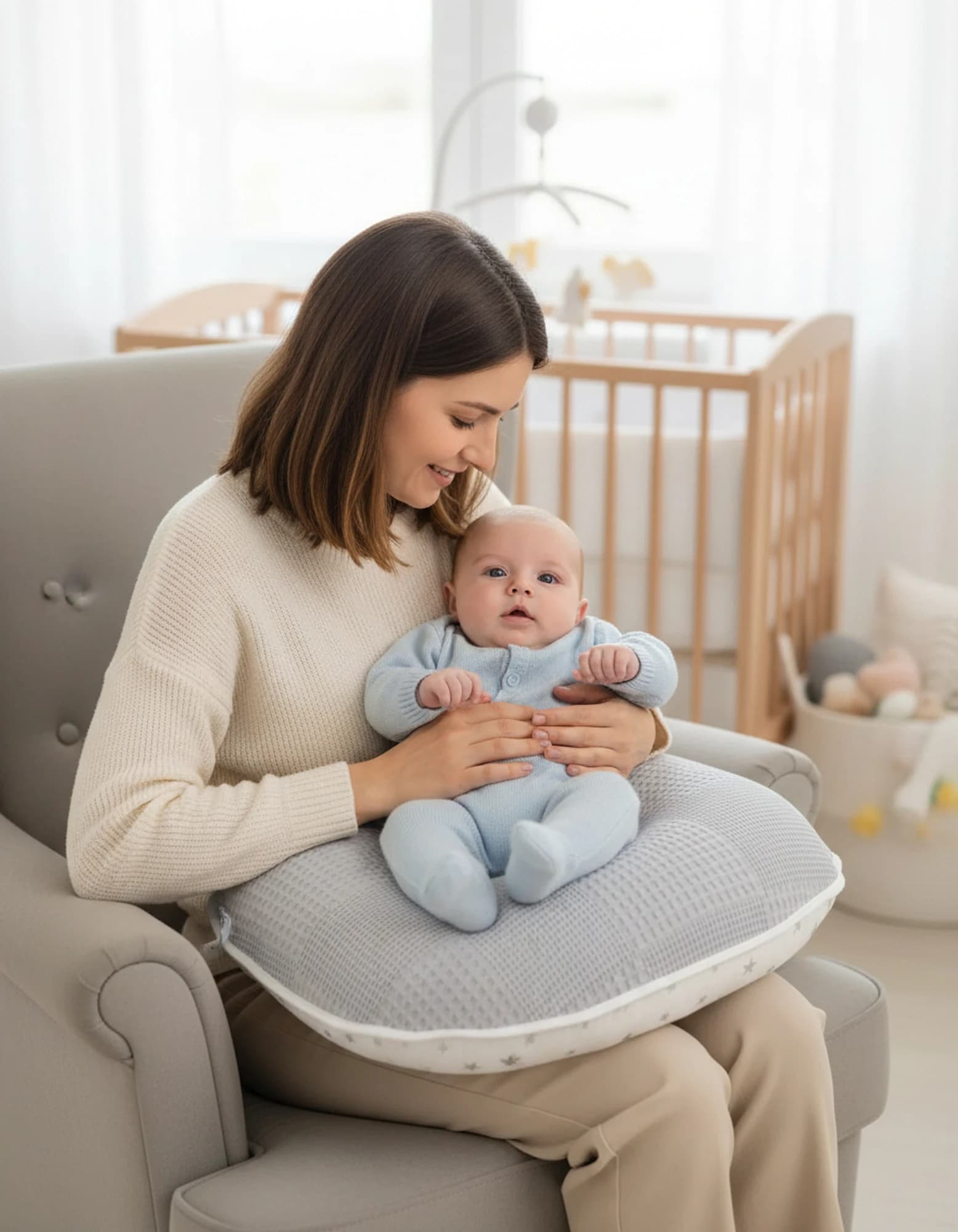 Emzirme Yastigi Ve Destek Minderi Gri Yildiz Ve Pikeli Model (BEYAZ BIYELI) BabyNest görsel 4