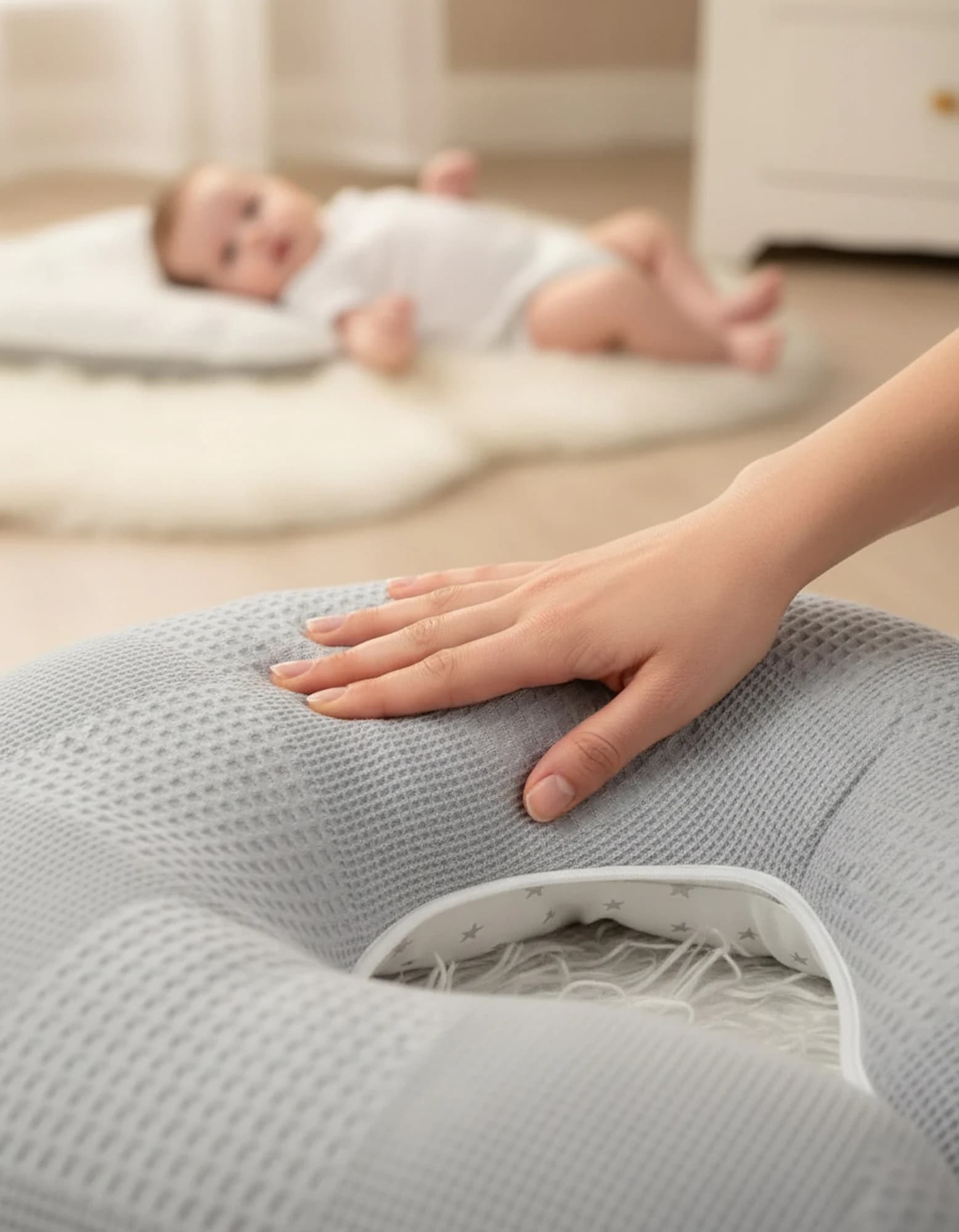 Emzirme Yastigi Ve Destek Minderi Gri Yildiz Ve Pikeli Model (BEYAZ BIYELI) BabyNest görsel 5
