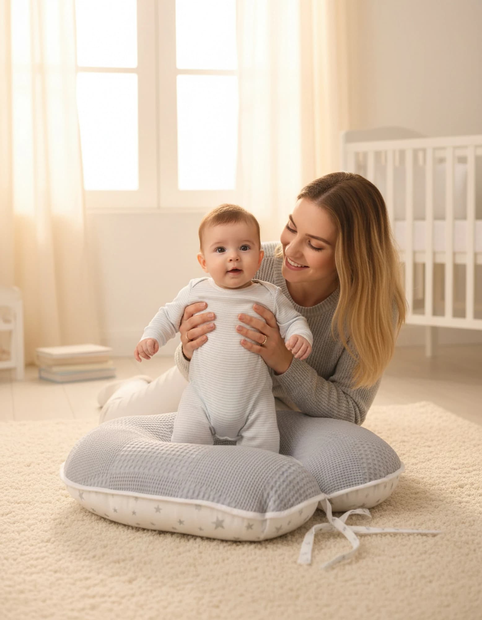 Emzirme Yastigi Ve Destek Minderi Gri Yildiz Ve Pikeli Model (BEYAZ BIYELI) BabyNest görsel 6