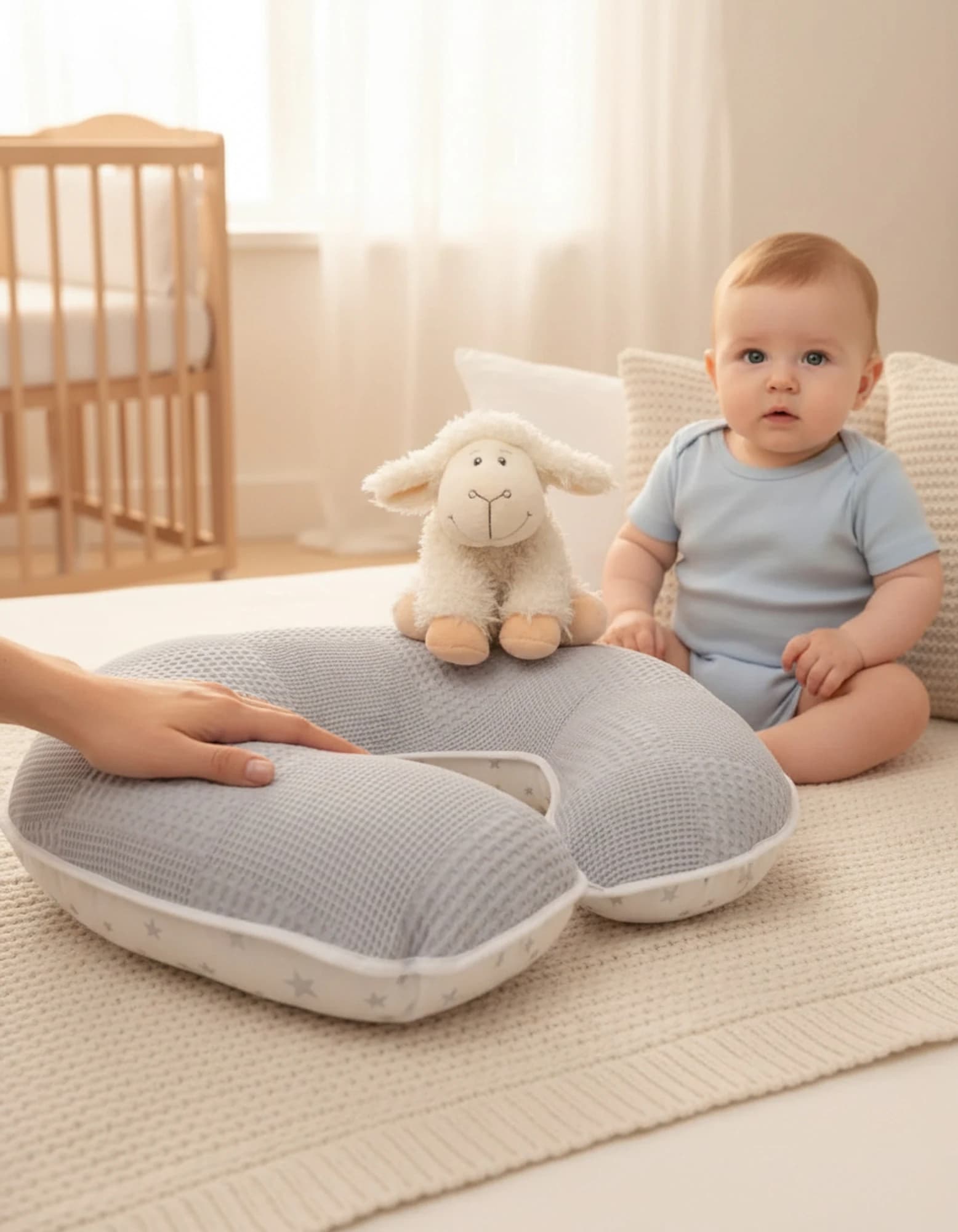 Emzirme Yastigi Ve Destek Minderi Gri Yildiz Ve Pikeli Model (BEYAZ BIYELI) BabyNest görsel 9