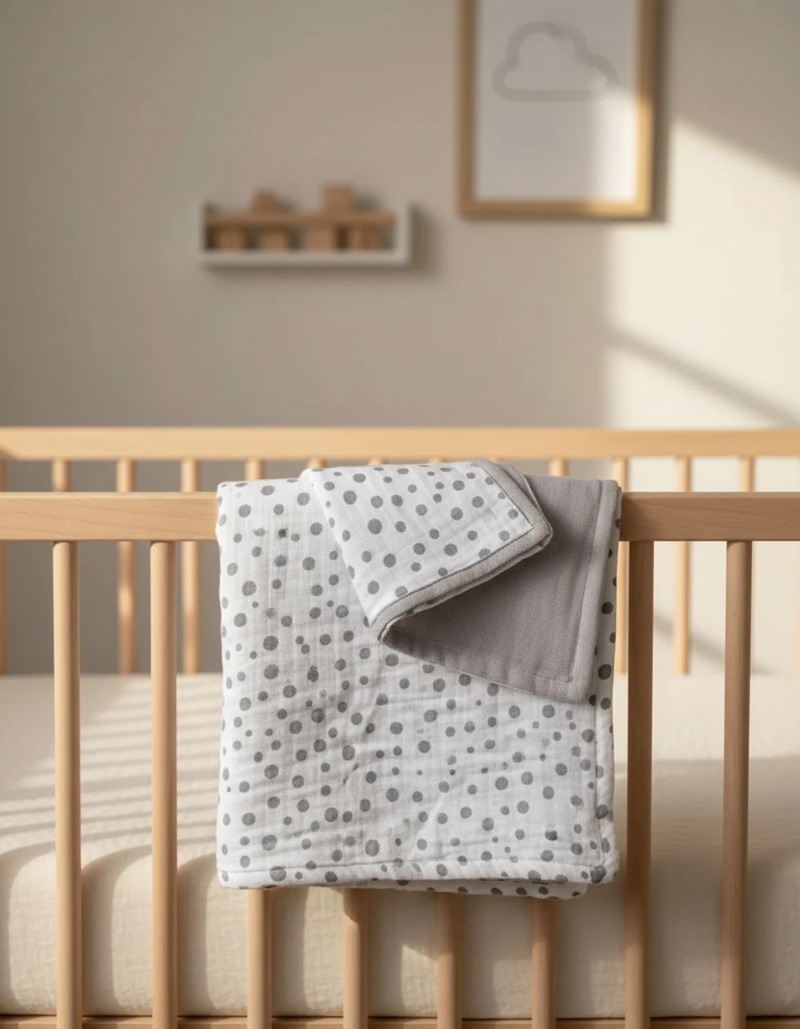 Muslin Ortu Cift Katli Puantiye Desen Ve Duz Gri BabyNest görsel 5