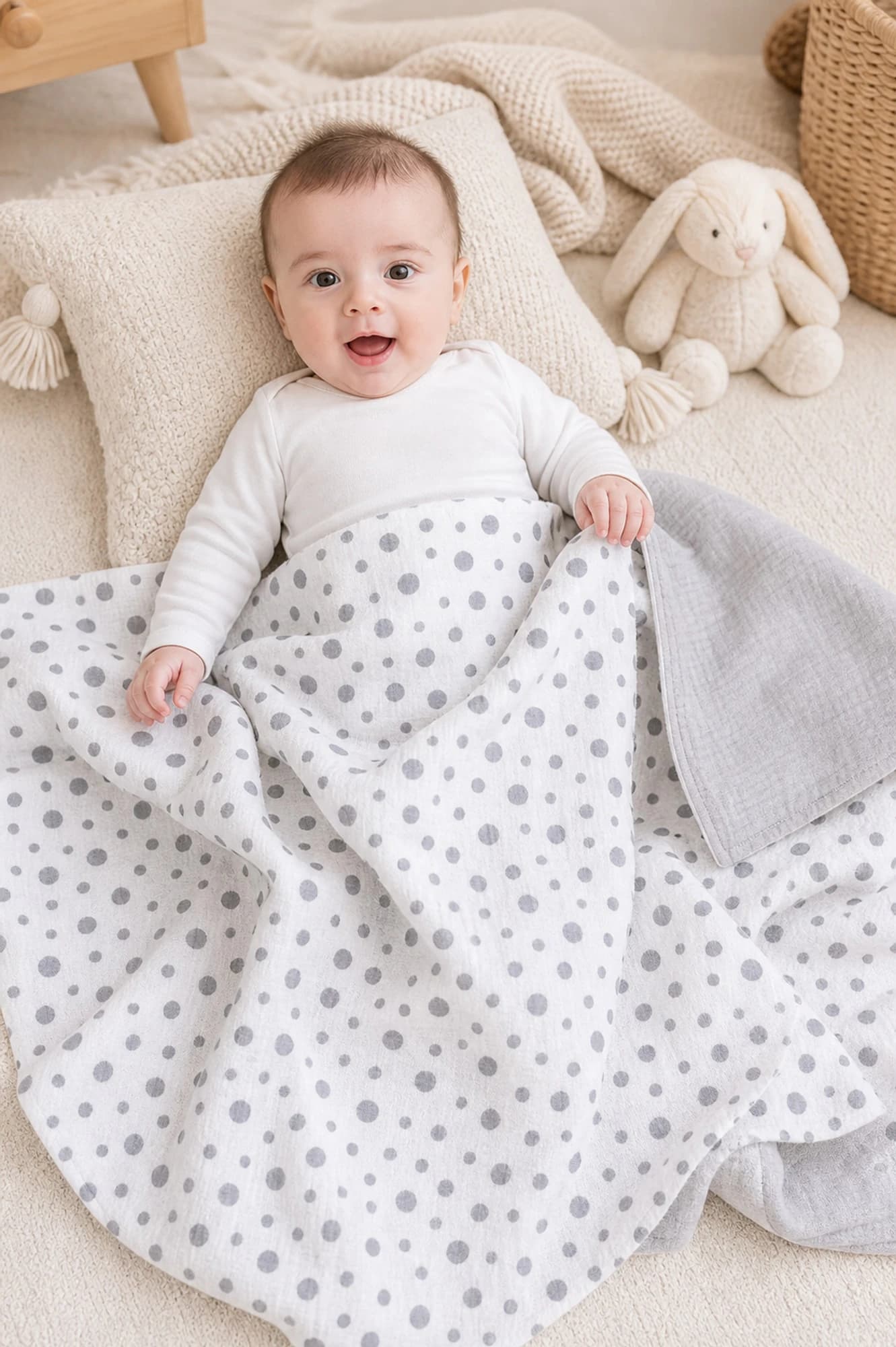 Muslin Ortu Cift Katli Puantiye Desen Ve Duz Gri BabyNest görsel 10