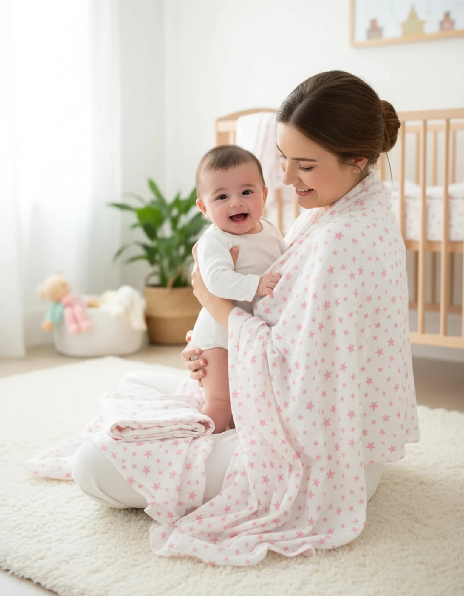 Muslin Ortu Cift Katli Pembe Yildiz Desen Ve Duz BabyNest görsel 2