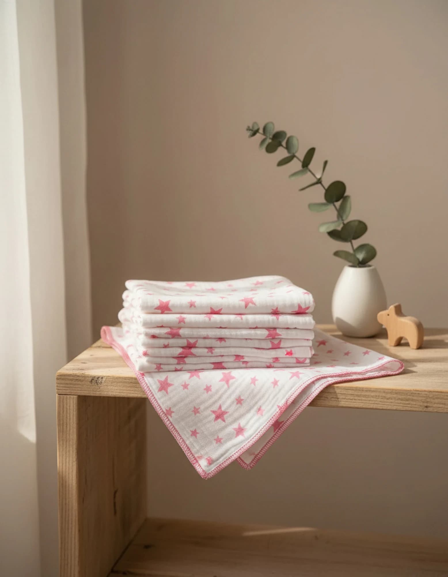 Muslin Ortu Cift Katli Pembe Yildiz Desen Ve Duz BabyNest görsel 8