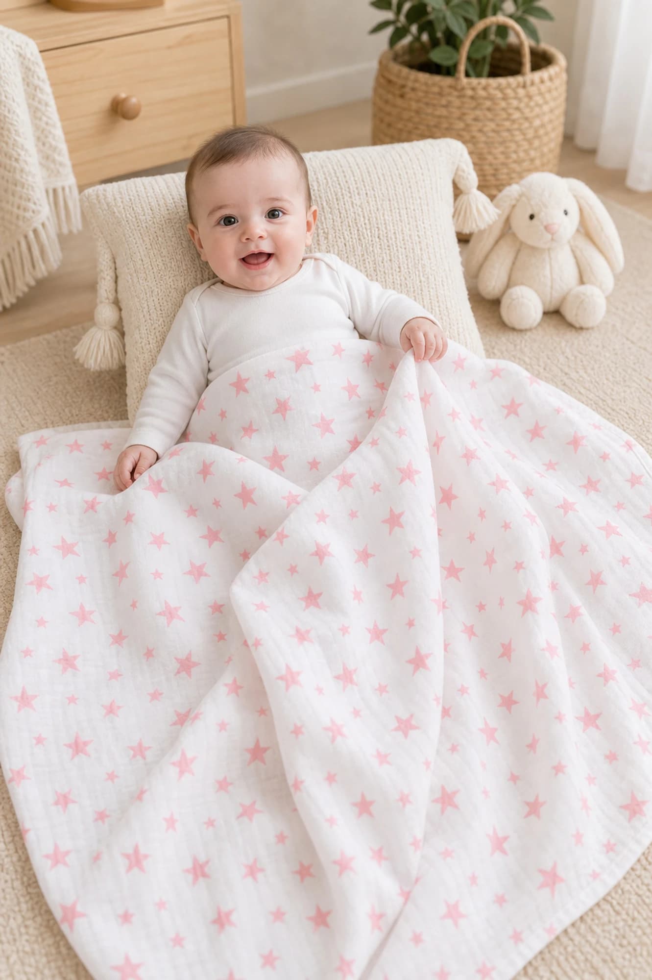 Muslin Ortu Cift Katli Pembe Yildiz Desen Ve Duz BabyNest görsel 10