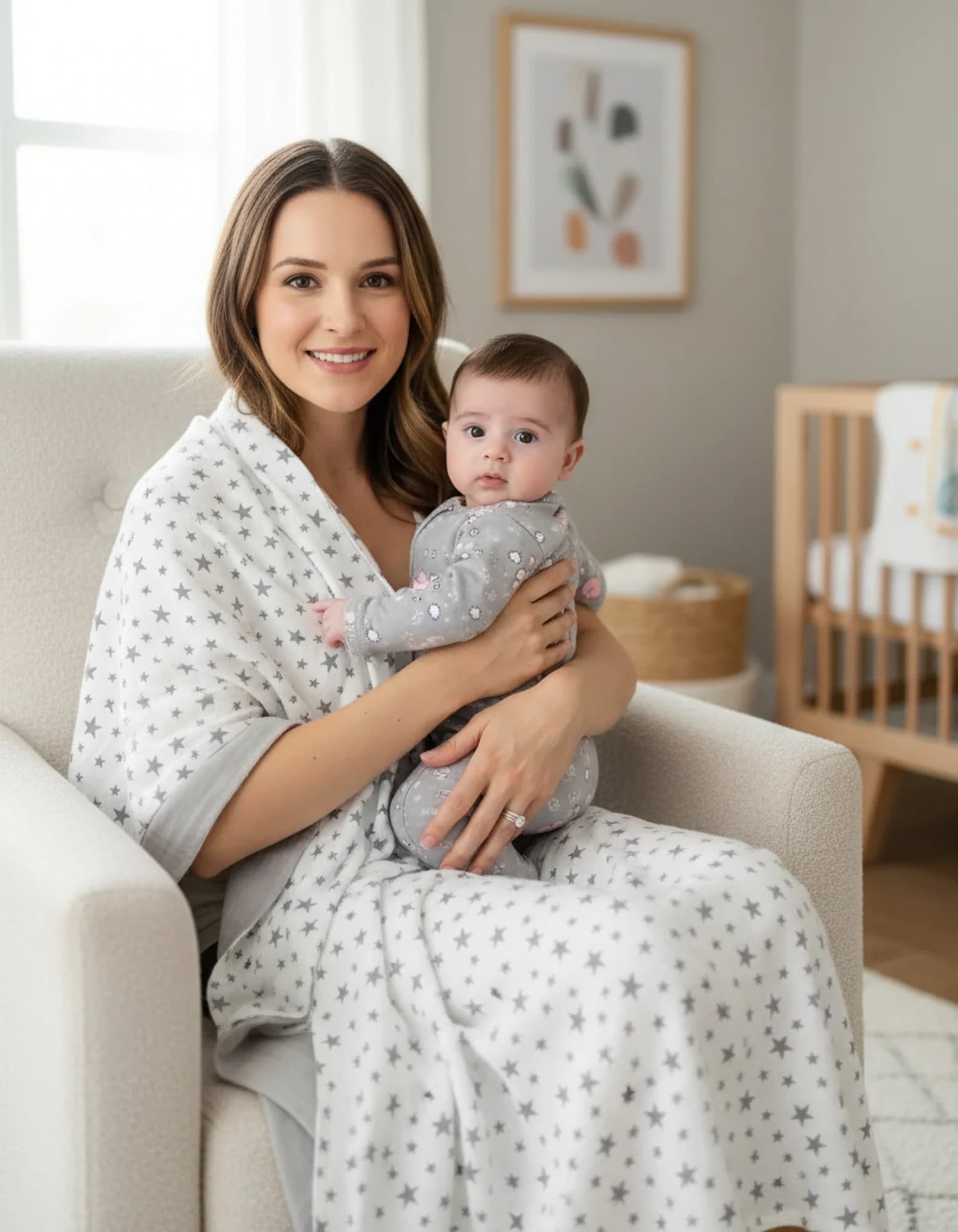 Muslin Ortu Cift Katli Gri Yildiz Desen Ve Gri Beyaz BabyNest görsel 2