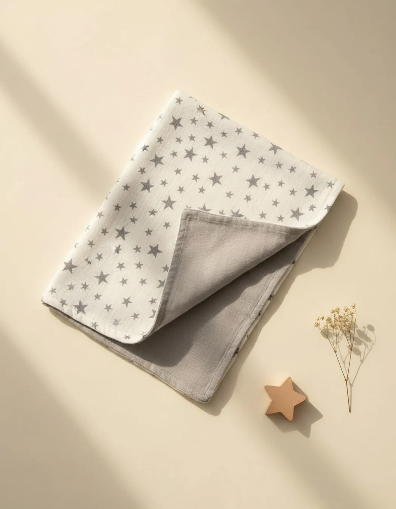 Muslin Ortu Cift Katli Gri Yildiz Desen Ve Gri Beyaz BabyNest görsel 9