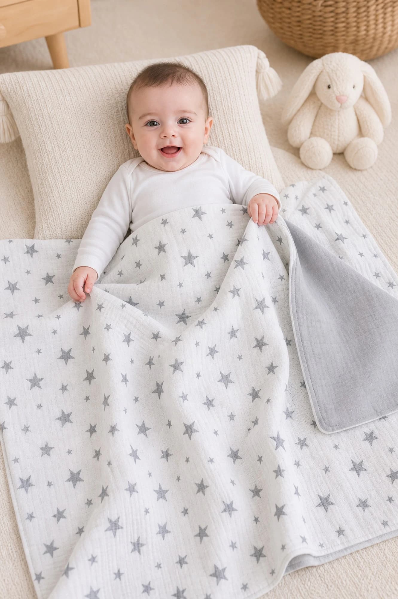 Muslin Ortu Cift Katli Gri Yildiz Desen Ve Gri Beyaz BabyNest görsel 10