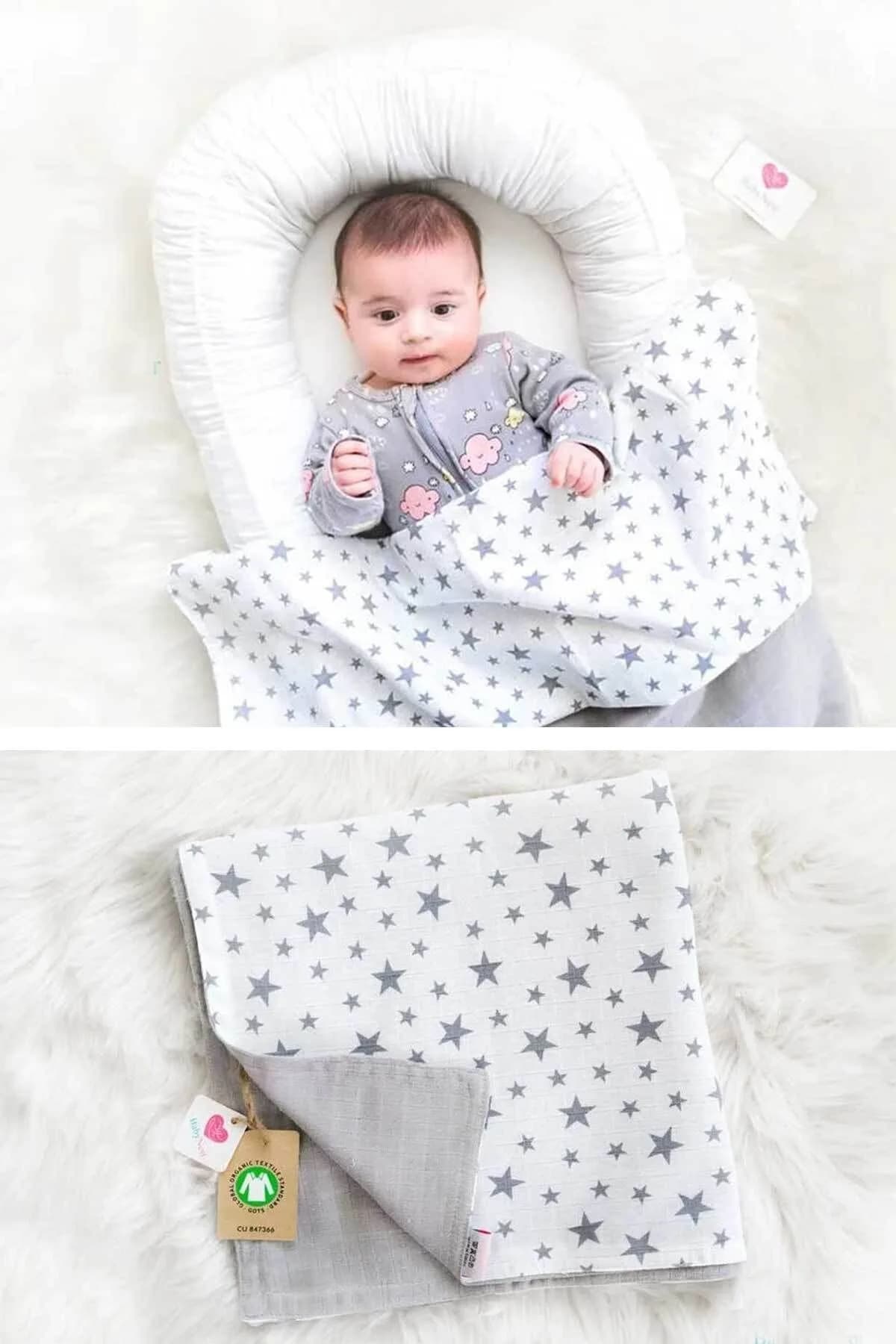 Muslin Ortu Cift Katli Gri Yildiz Desen Ve Gri Beyaz BabyNest