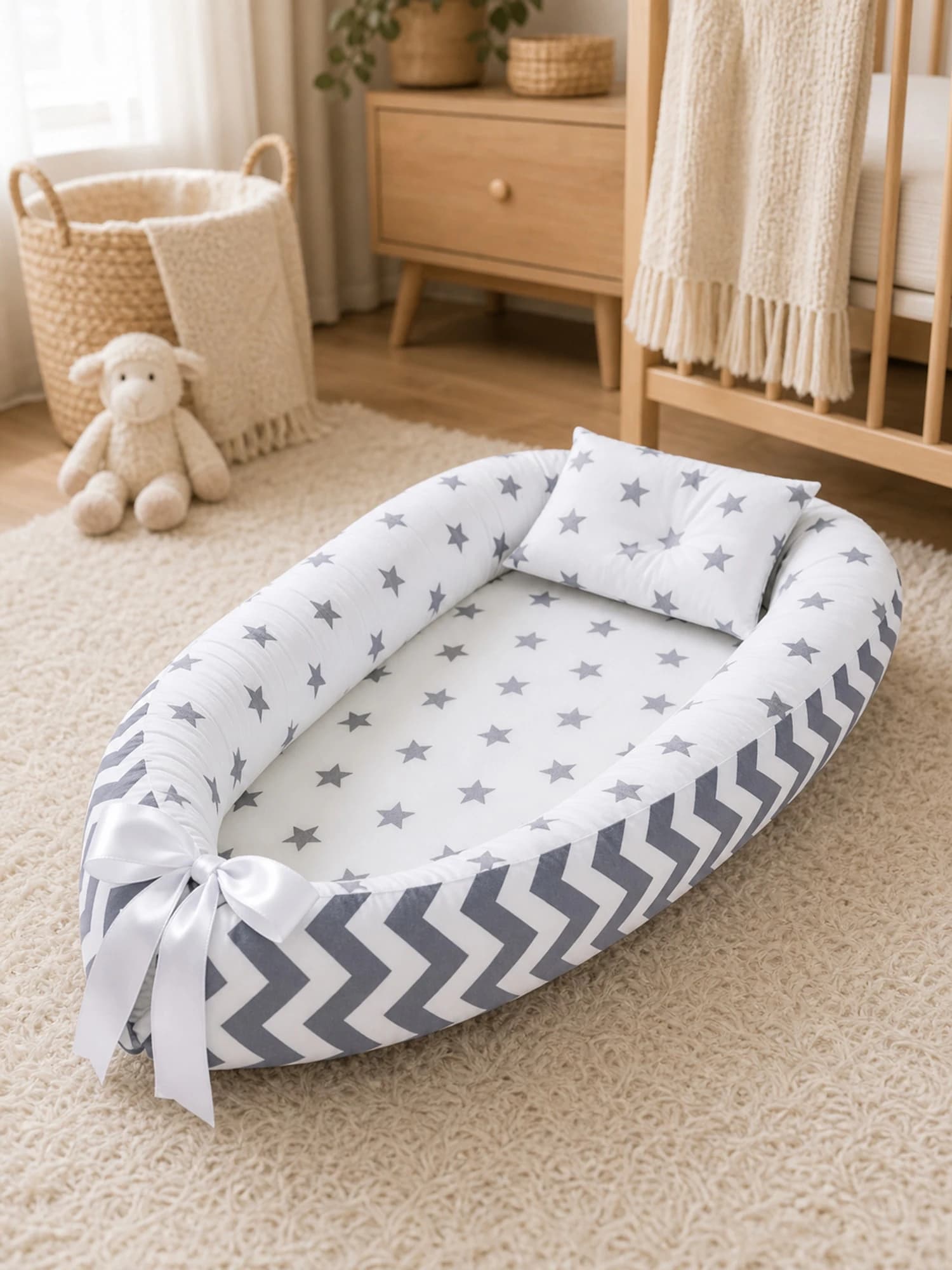 Yatak Gri Zigzak Ve Beyaz yıldızlı BabyNest