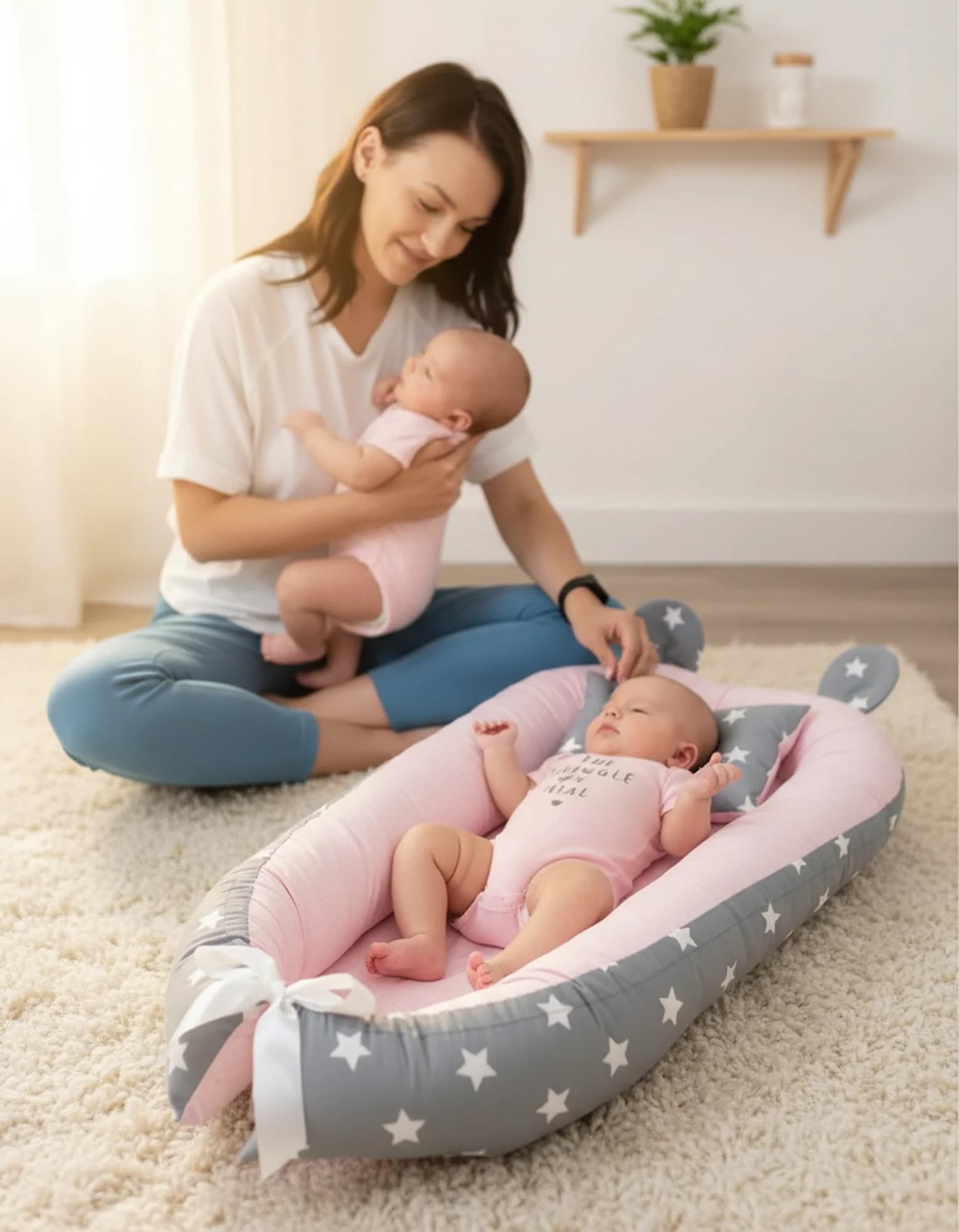 Yatak Ortopedik Yastik Emzirme Yastigi Pembe Ve Gri Yildiz Uc Urun Bir Arada