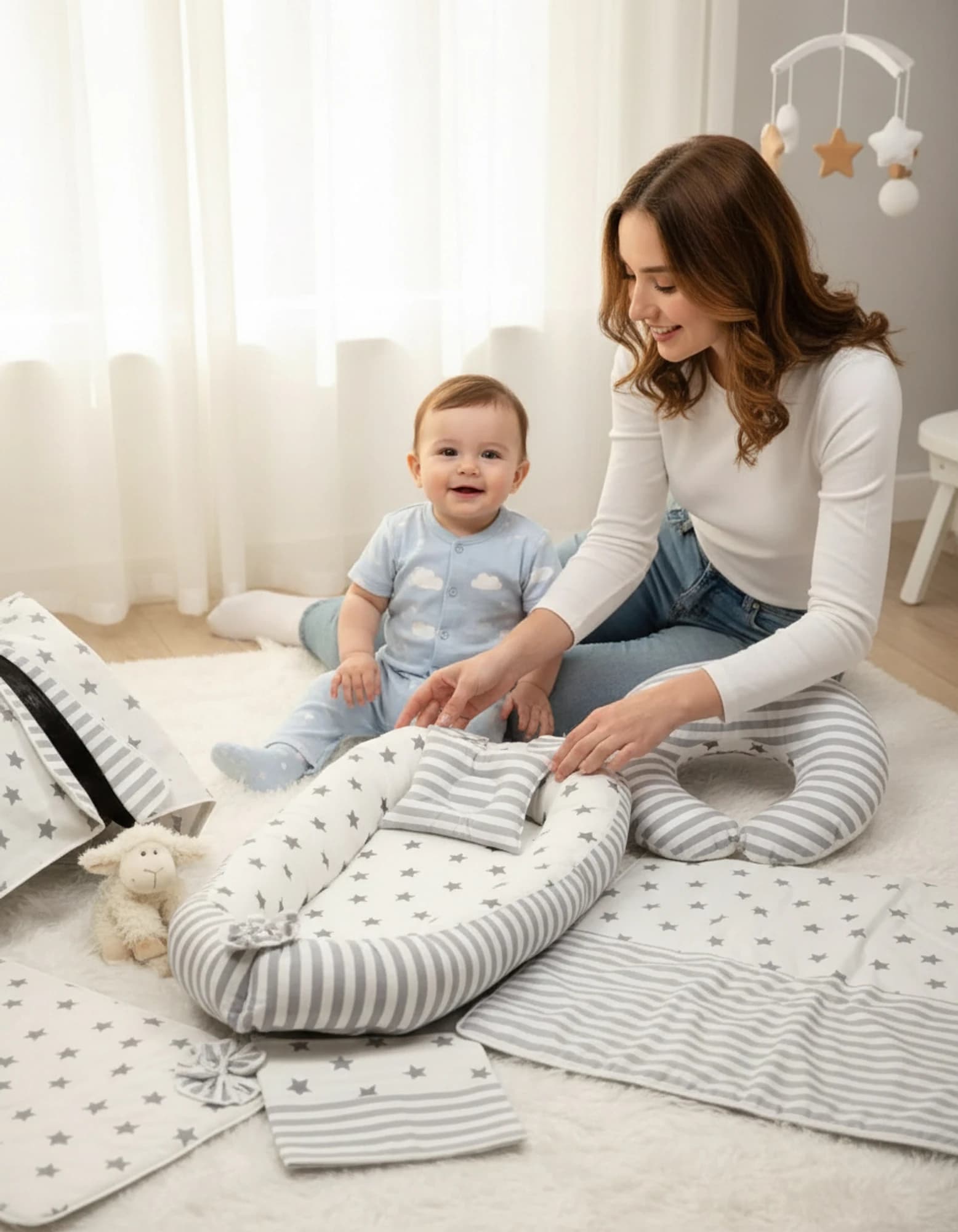 Full Set 9 Parca Bebek Ihtiyac Seti Gri Yildiz Ve Gri Cizgili BabyNest görsel 3