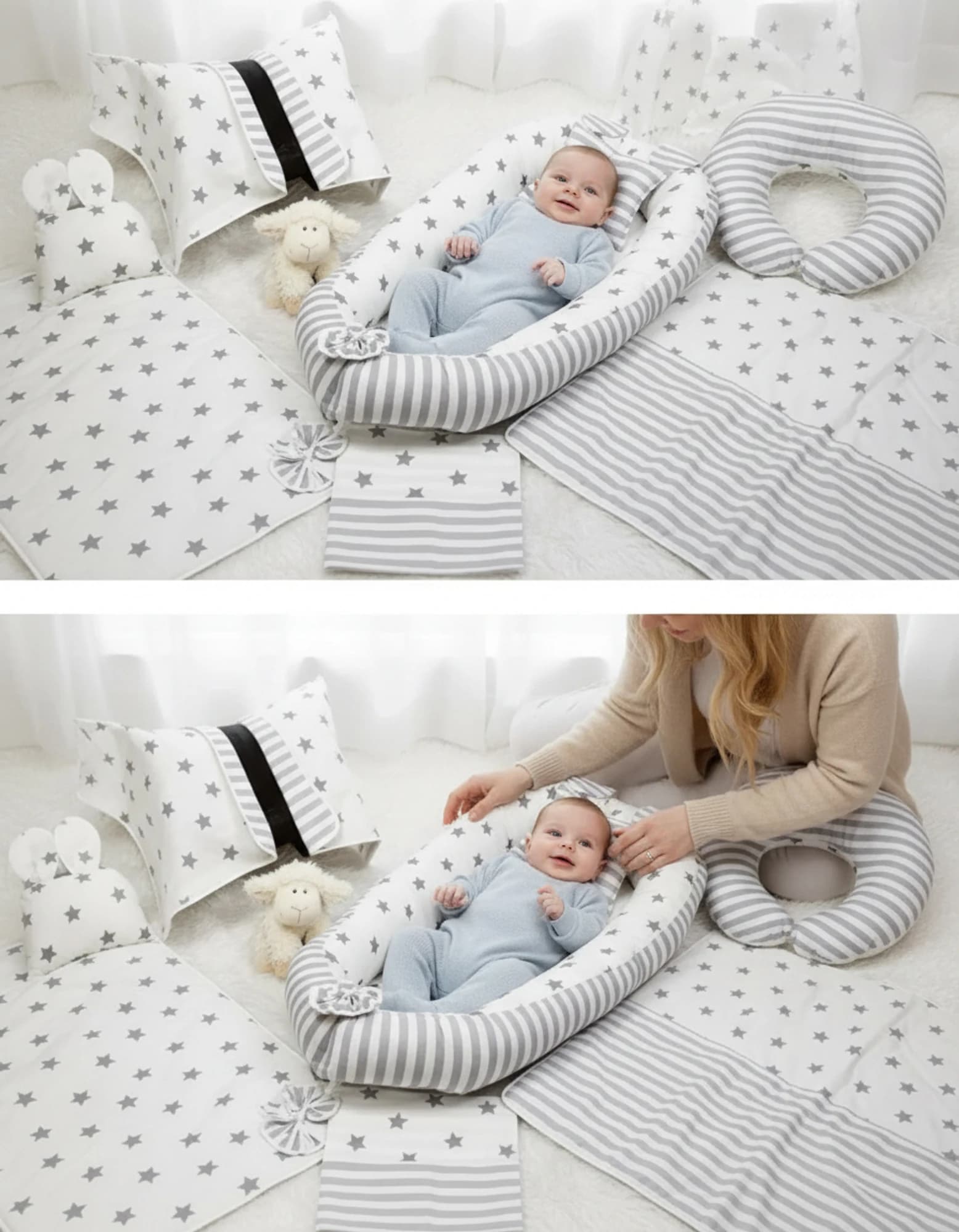 Full Set 9 Parca Bebek Ihtiyac Seti Gri Yildiz Ve Gri Cizgili BabyNest görsel 4