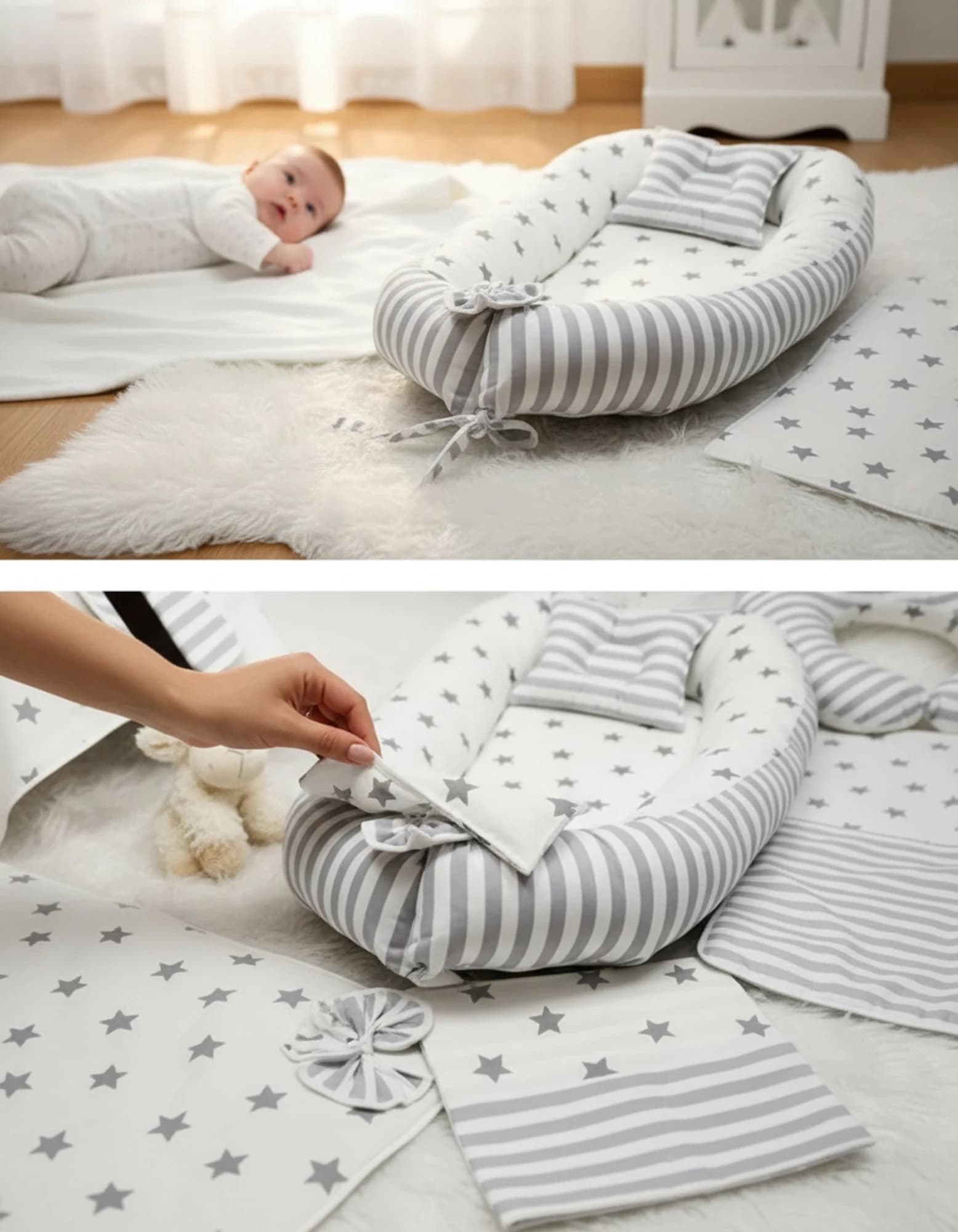 Full Set 9 Parca Bebek Ihtiyac Seti Gri Yildiz Ve Gri Cizgili BabyNest görsel 6