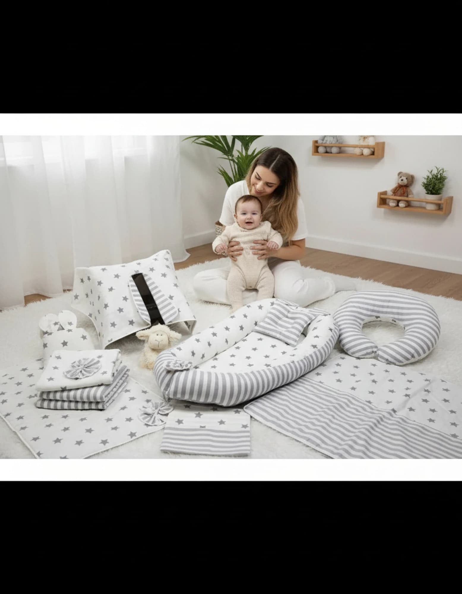 Full Set 9 Parca Bebek Ihtiyac Seti Gri Yildiz Ve Gri Cizgili BabyNest görsel 8