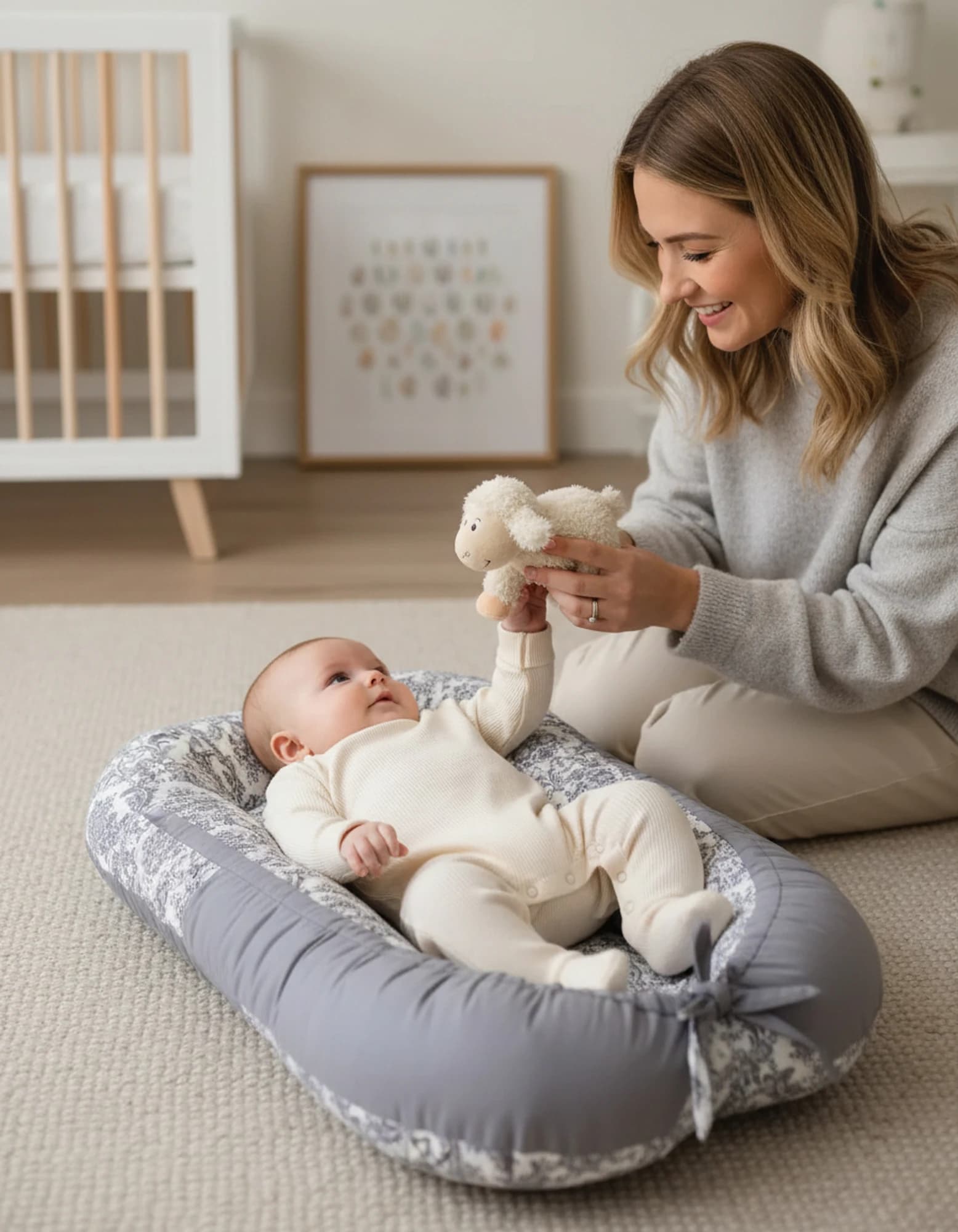 Oval Bebek Yatak Cift Yonlu Elegant Gri Model BabyNest görsel 5