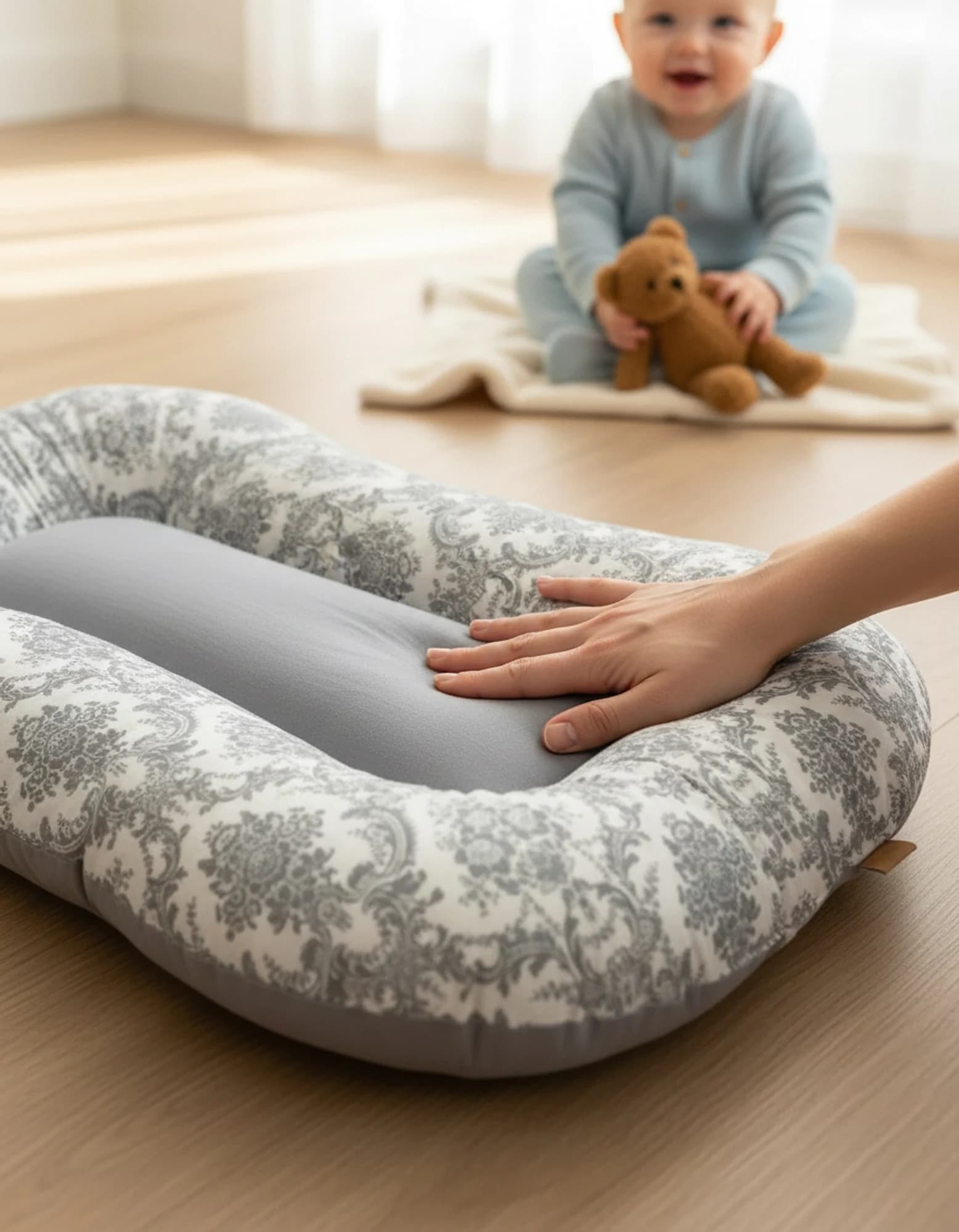 Oval Bebek Yatak Cift Yonlu Elegant Gri Model BabyNest görsel 6