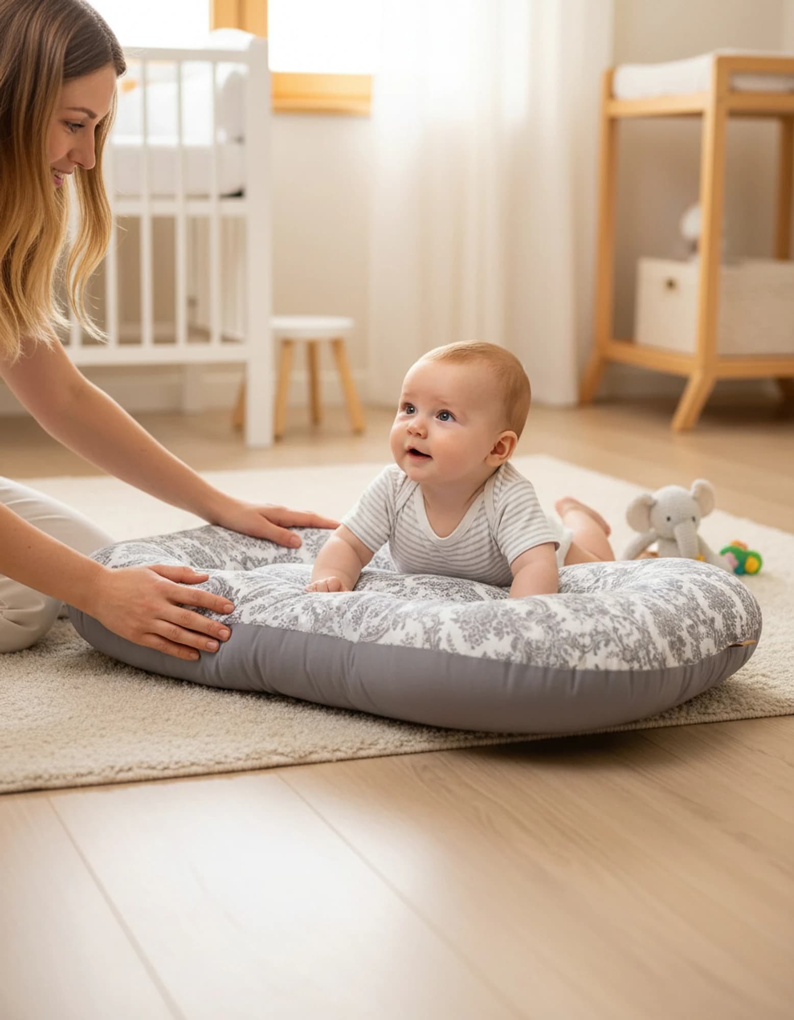 Oval Bebek Yatak Cift Yonlu Elegant Gri Model BabyNest görsel 9