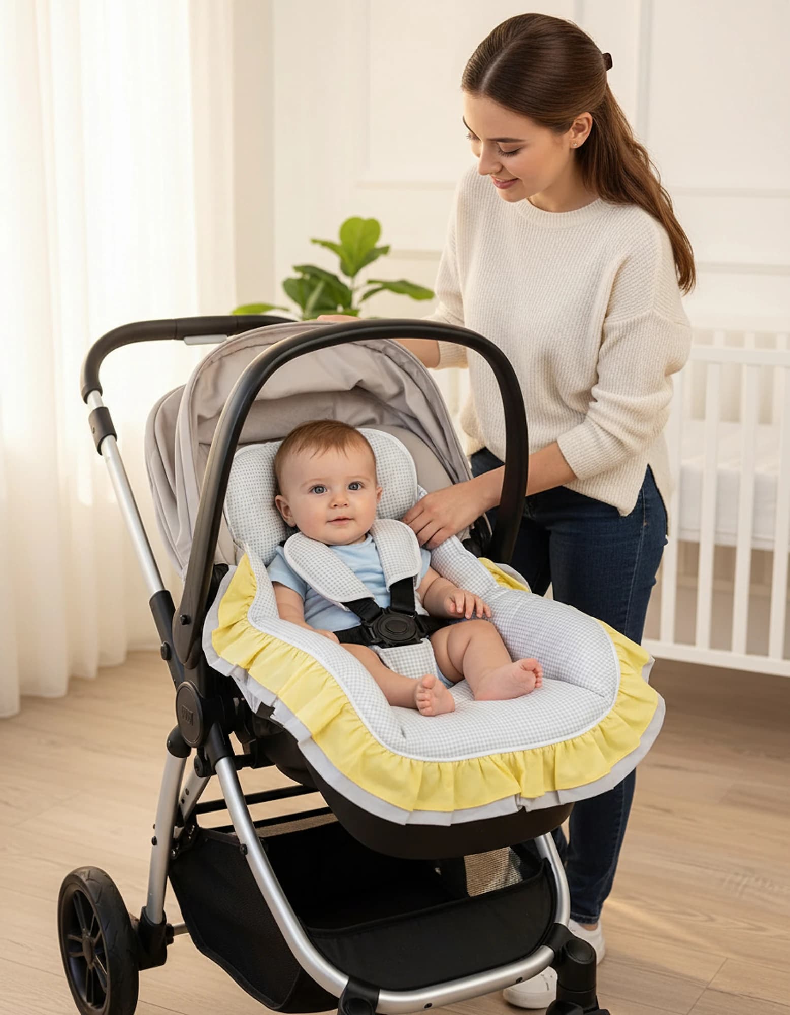 3lu Puset Ortusu - Puset Minderi - Puset Carsafi Model %100 Pamuk Cift Katli Firfirli Ekose Gri BabyNest görsel 2