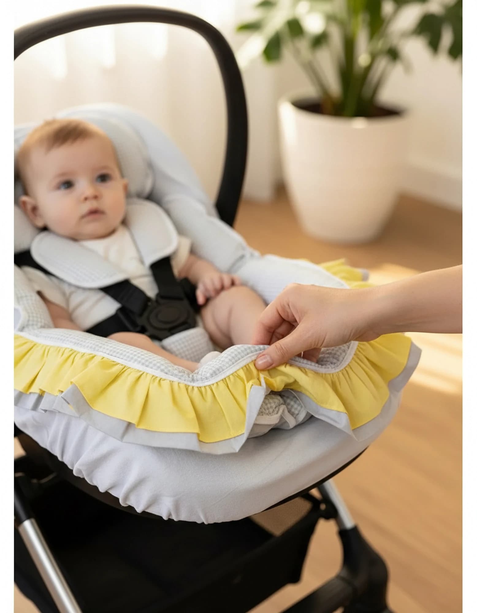 3lu Puset Ortusu - Puset Minderi - Puset Carsafi Model %100 Pamuk Cift Katli Firfirli Ekose Gri BabyNest görsel 4