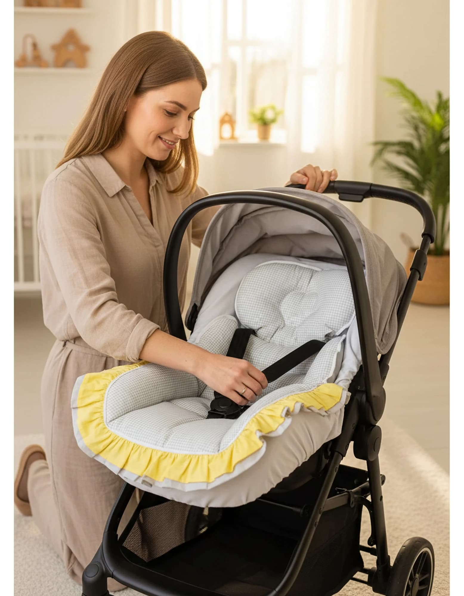 3lu Puset Ortusu - Puset Minderi - Puset Carsafi Model %100 Pamuk Cift Katli Firfirli Ekose Gri BabyNest görsel 5