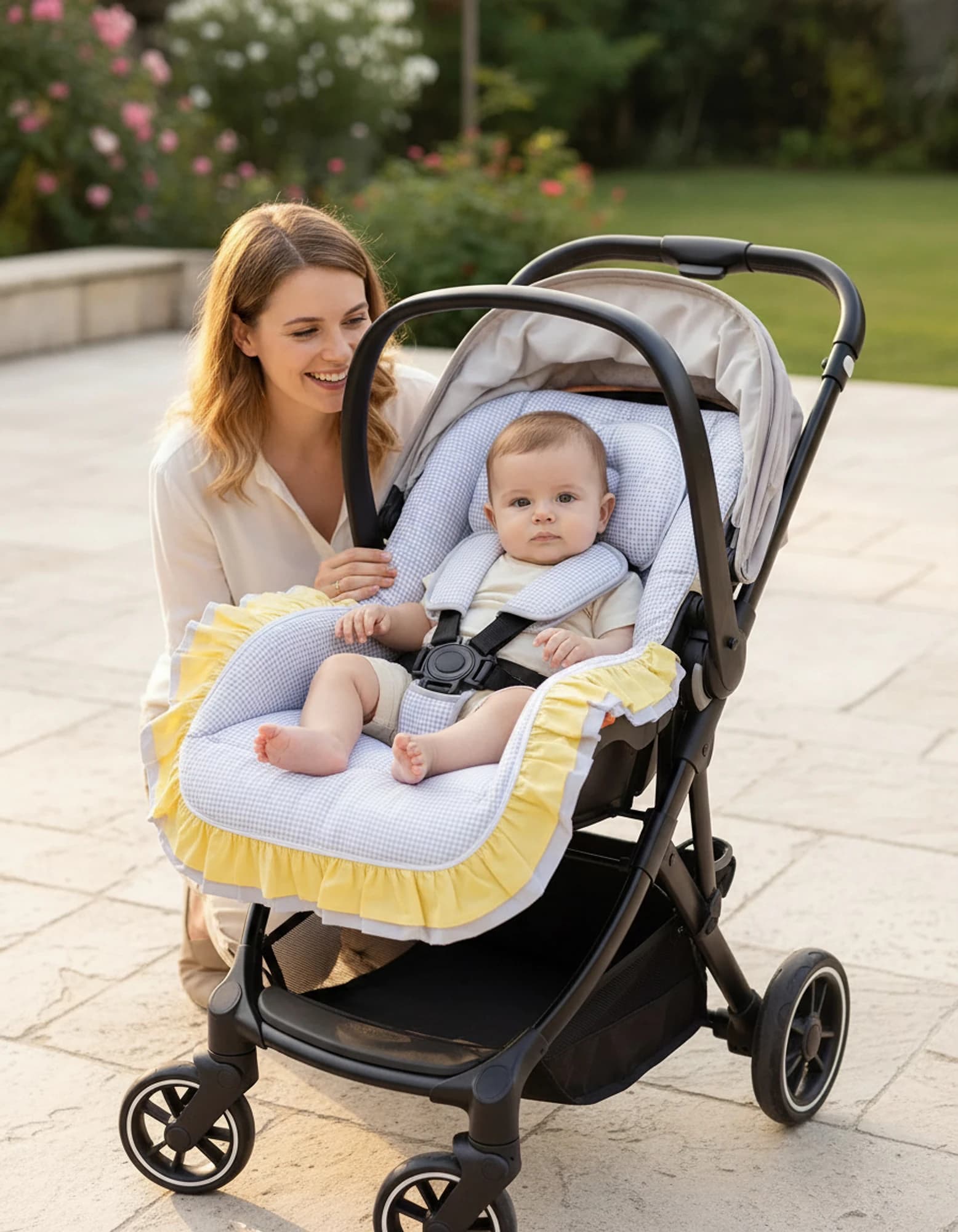 3lu Puset Ortusu - Puset Minderi - Puset Carsafi Model %100 Pamuk Cift Katli Firfirli Ekose Gri BabyNest görsel 6