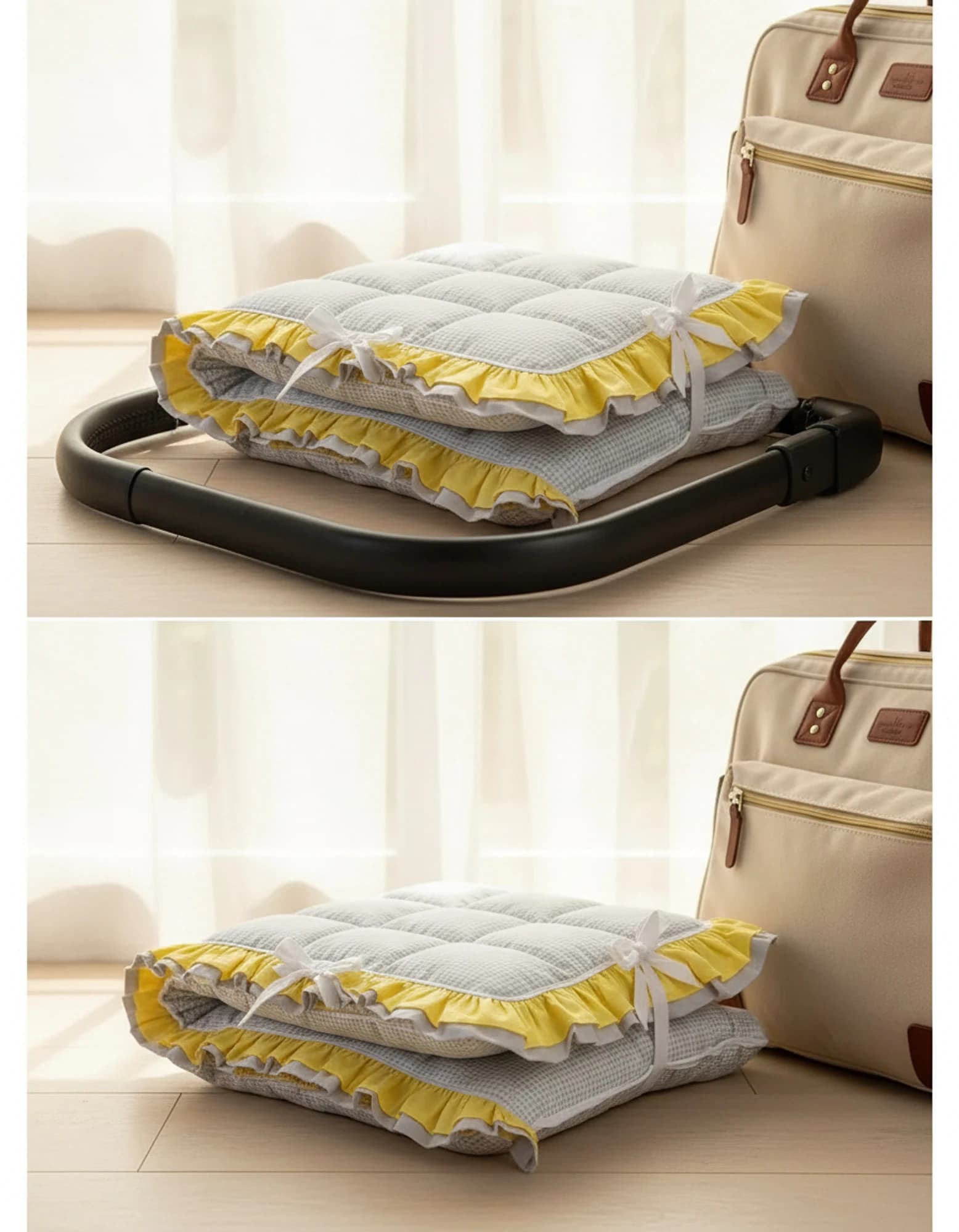 3lu Puset Ortusu - Puset Minderi - Puset Carsafi Model %100 Pamuk Cift Katli Firfirli Ekose Gri BabyNest görsel 7