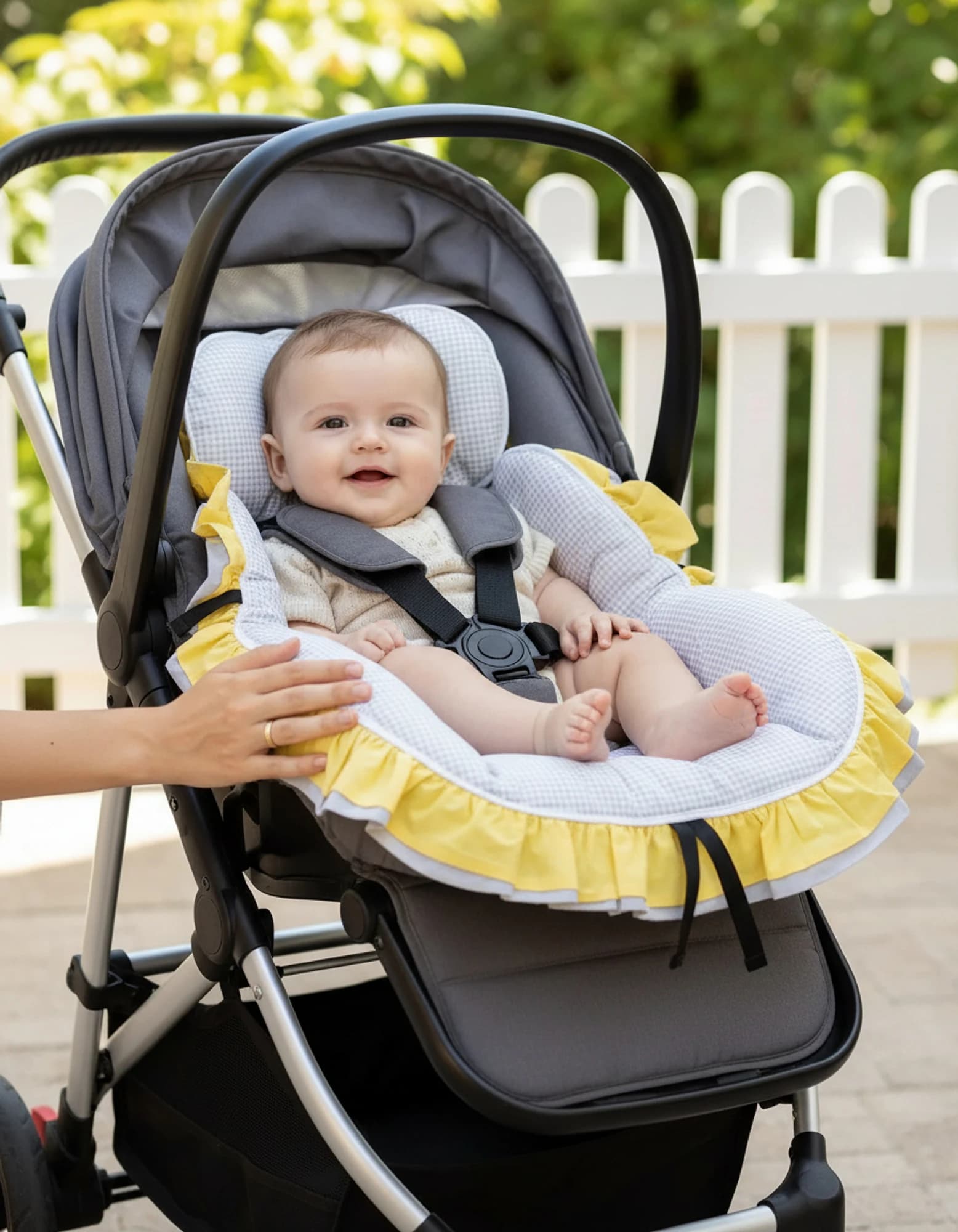 3lu Puset Ortusu - Puset Minderi - Puset Carsafi Model %100 Pamuk Cift Katli Firfirli Ekose Gri BabyNest görsel 9
