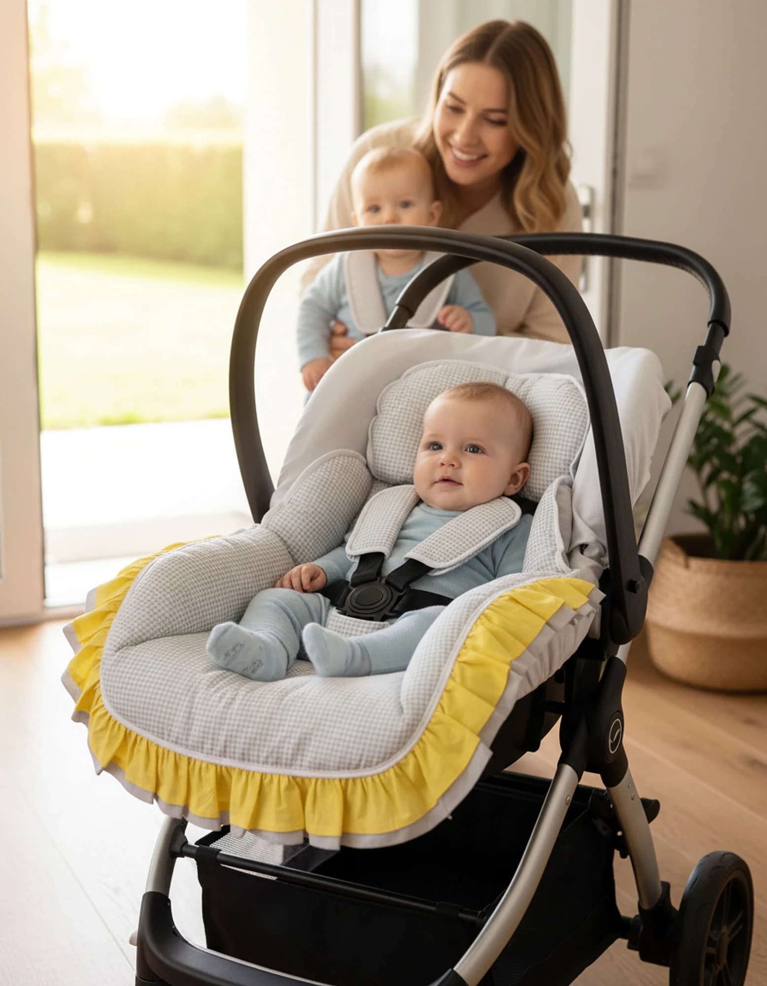3lu Puset Ortusu - Puset Minderi - Puset Carsafi Model %100 Pamuk Cift Katli Firfirli Ekose Gri BabyNest görsel 10