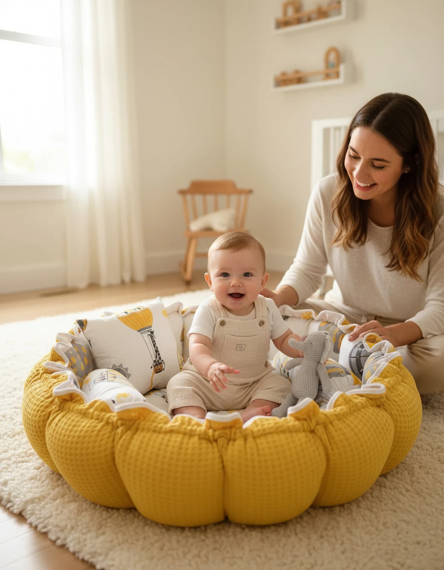Yuvarlak Yatak/oyun Minderi Ve Yastigi Hardal Pikeli Ve Poplin Desenli BabyNest görsel 2