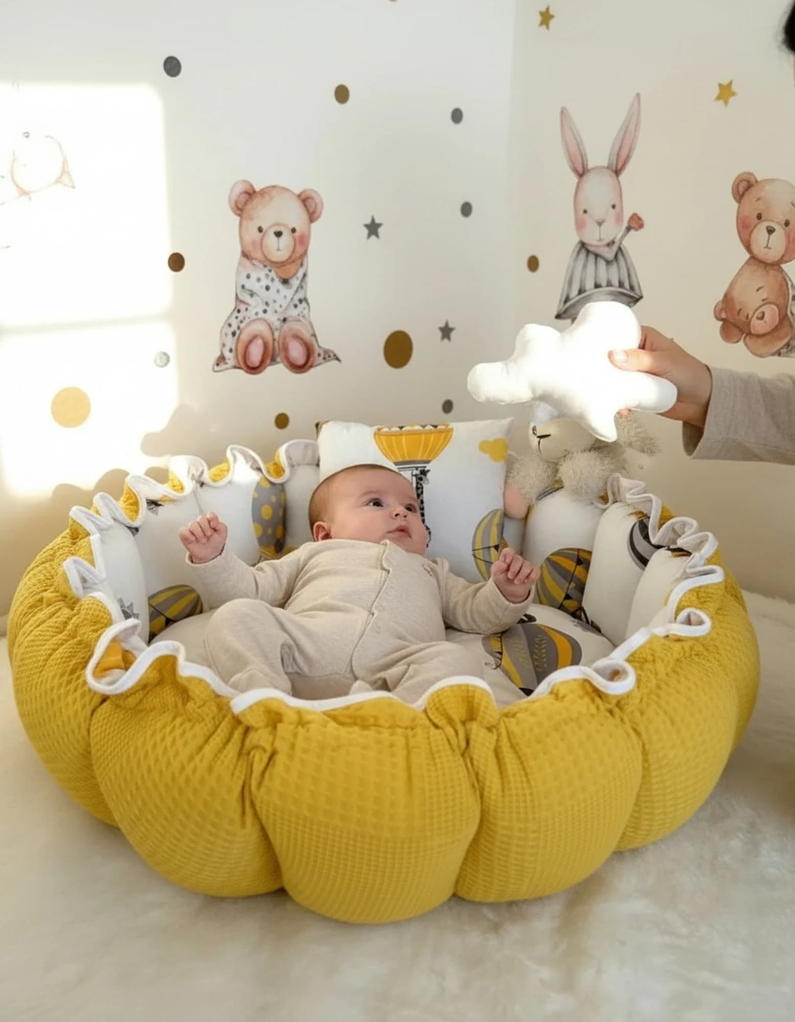 Yuvarlak Yatak/oyun Minderi Ve Yastigi Hardal Pikeli Ve Poplin Desenli BabyNest görsel 5
