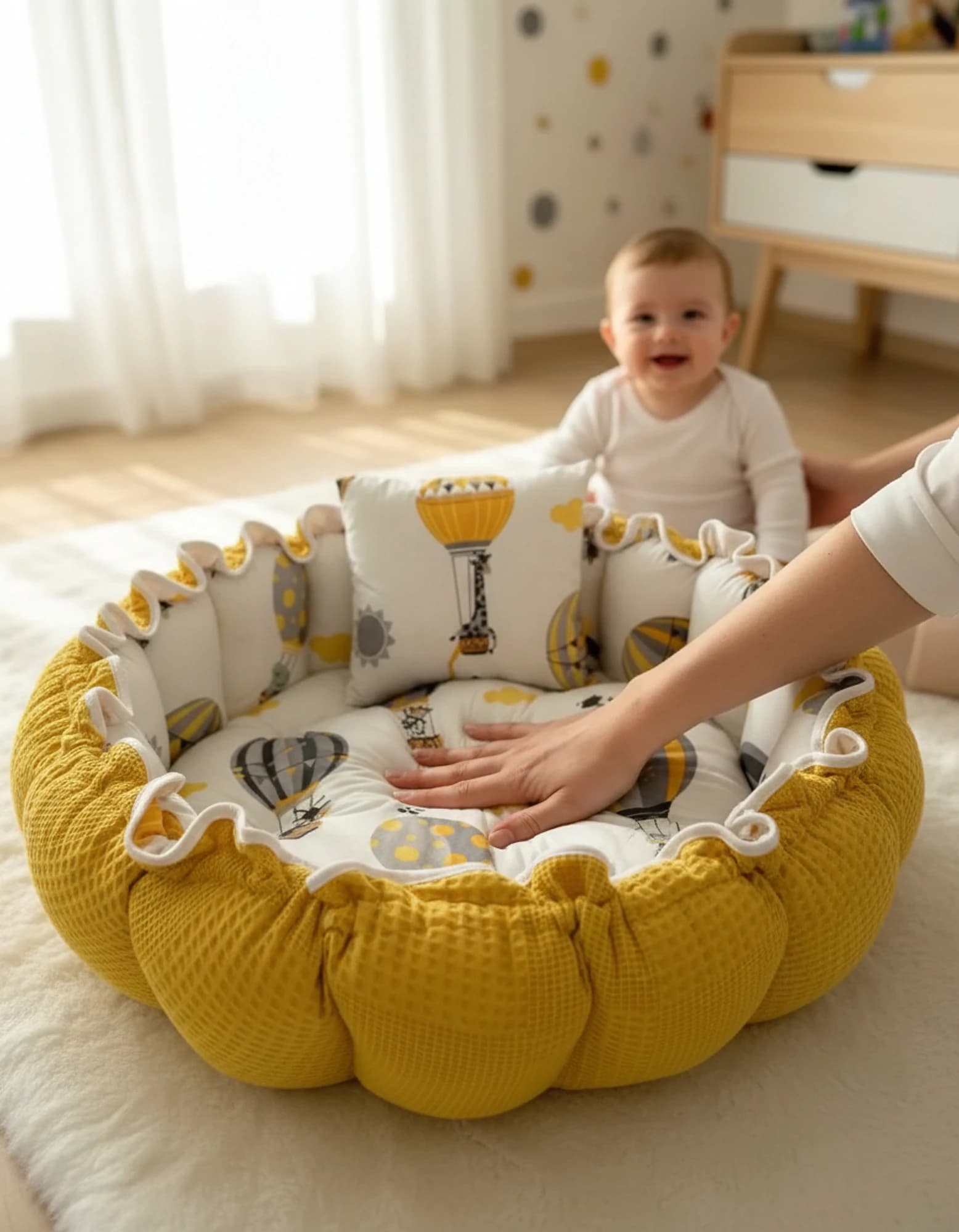 Yuvarlak Yatak/oyun Minderi Ve Yastigi Hardal Pikeli Ve Poplin Desenli BabyNest görsel 6