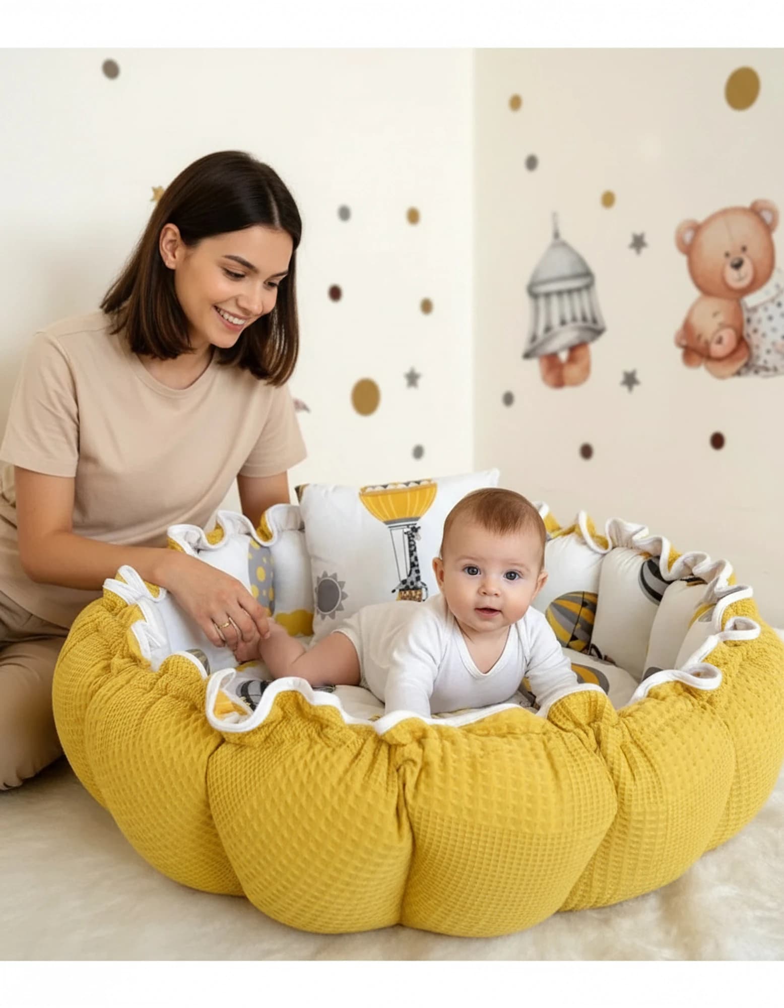 Yuvarlak Yatak/oyun Minderi Ve Yastigi Hardal Pikeli Ve Poplin Desenli BabyNest görsel 8