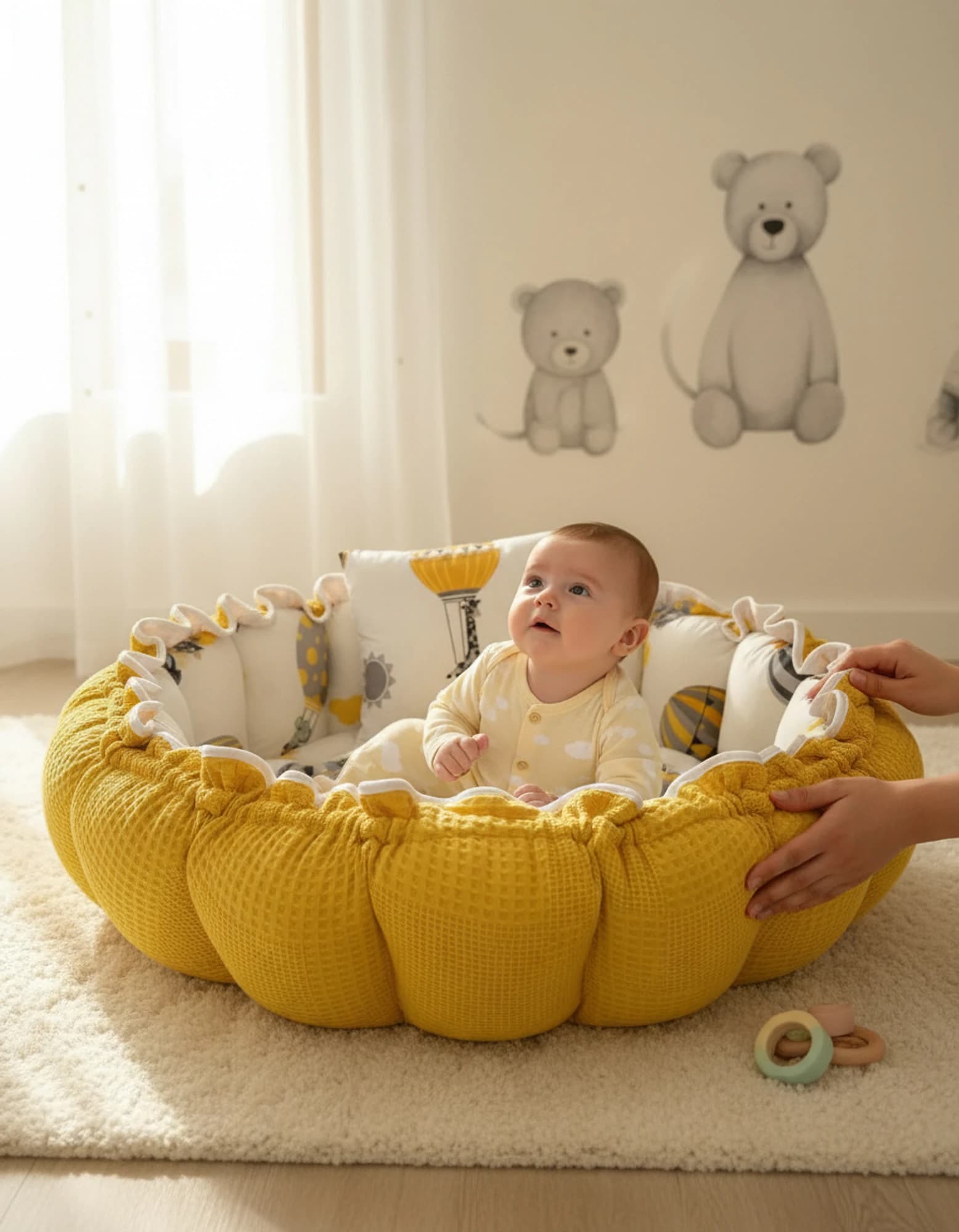 Yuvarlak Yatak/oyun Minderi Ve Yastigi Hardal Pikeli Ve Poplin Desenli BabyNest görsel 9